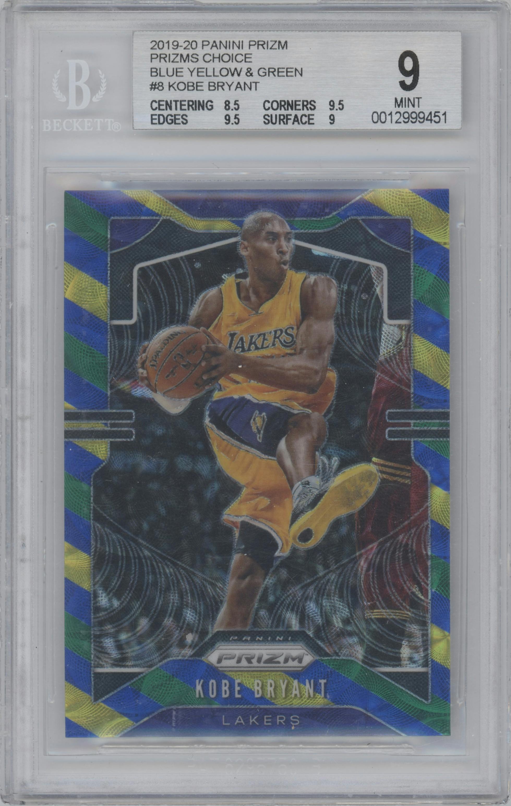 Kobe Bryant from the 2019-20 Panini Prizm set featuring a Choice Blue/Yellow/Green  parallel graded by Beckett and given an overall grade of 9.