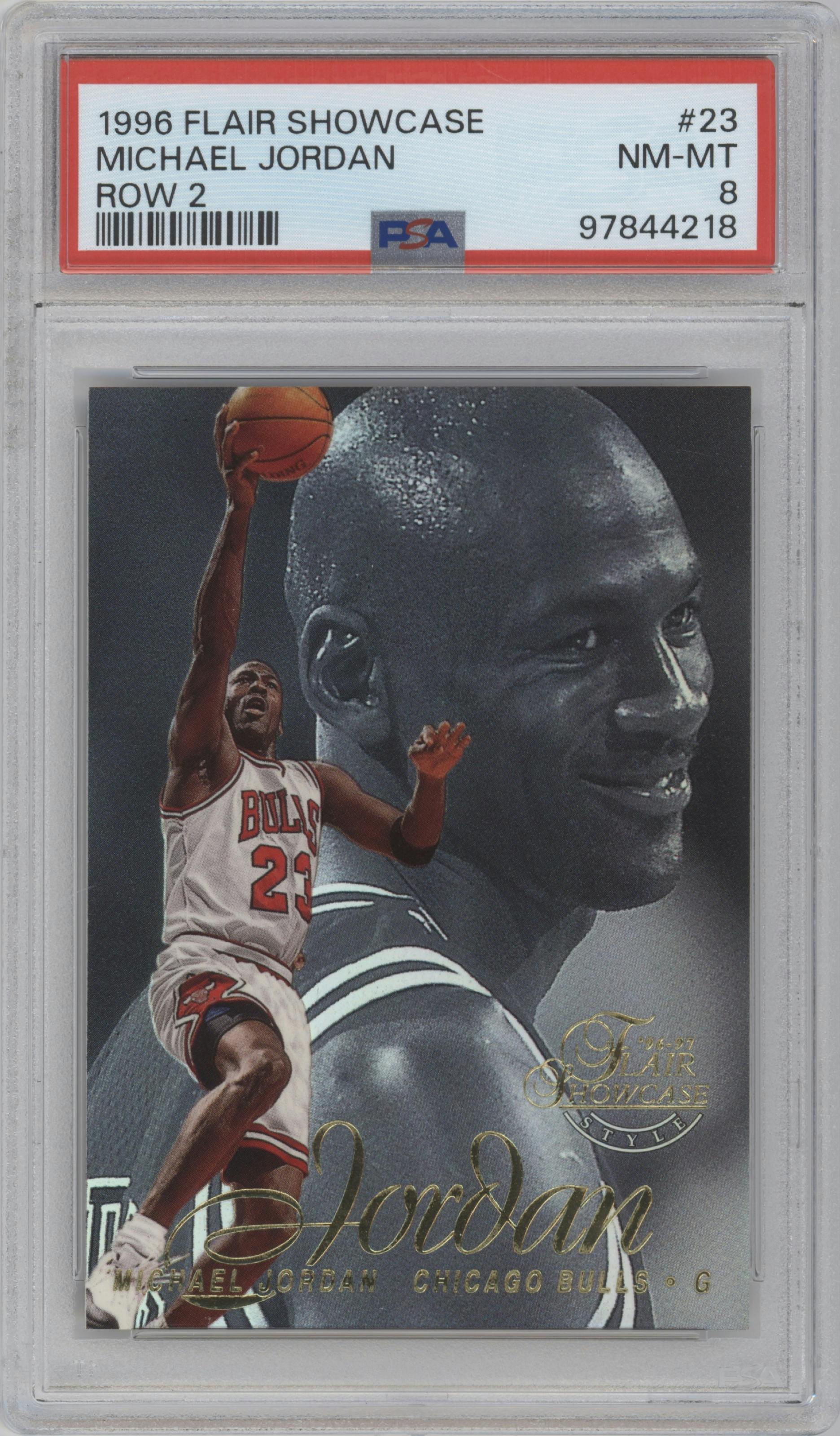 Michael Jordan from the 1996-97 Flair Showcase  set graded by PSA and given an overall grade of 8.