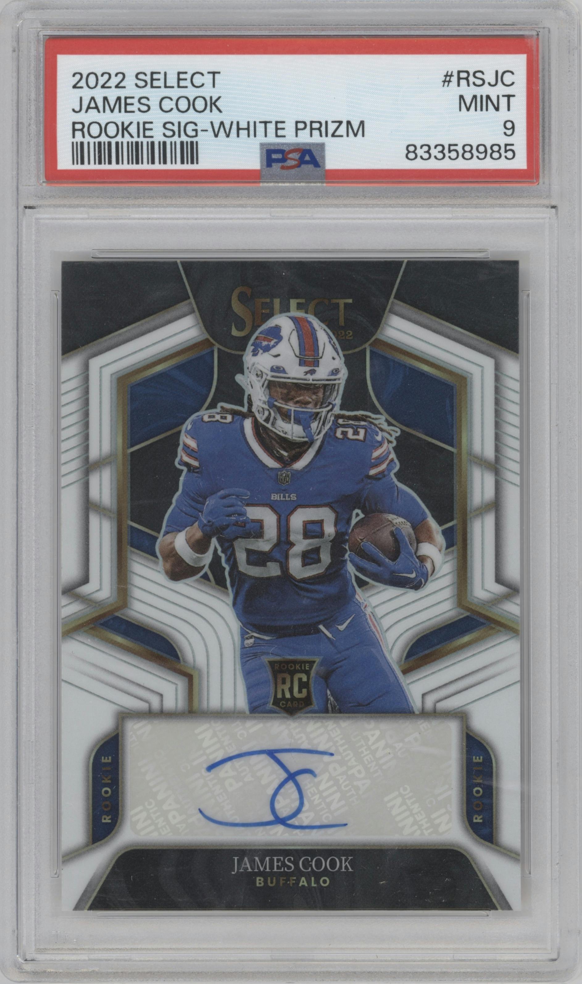 James Cook from the 2022 Panini Select set featuring a White Prizm parallel graded by PSA and given an overall grade of 9.