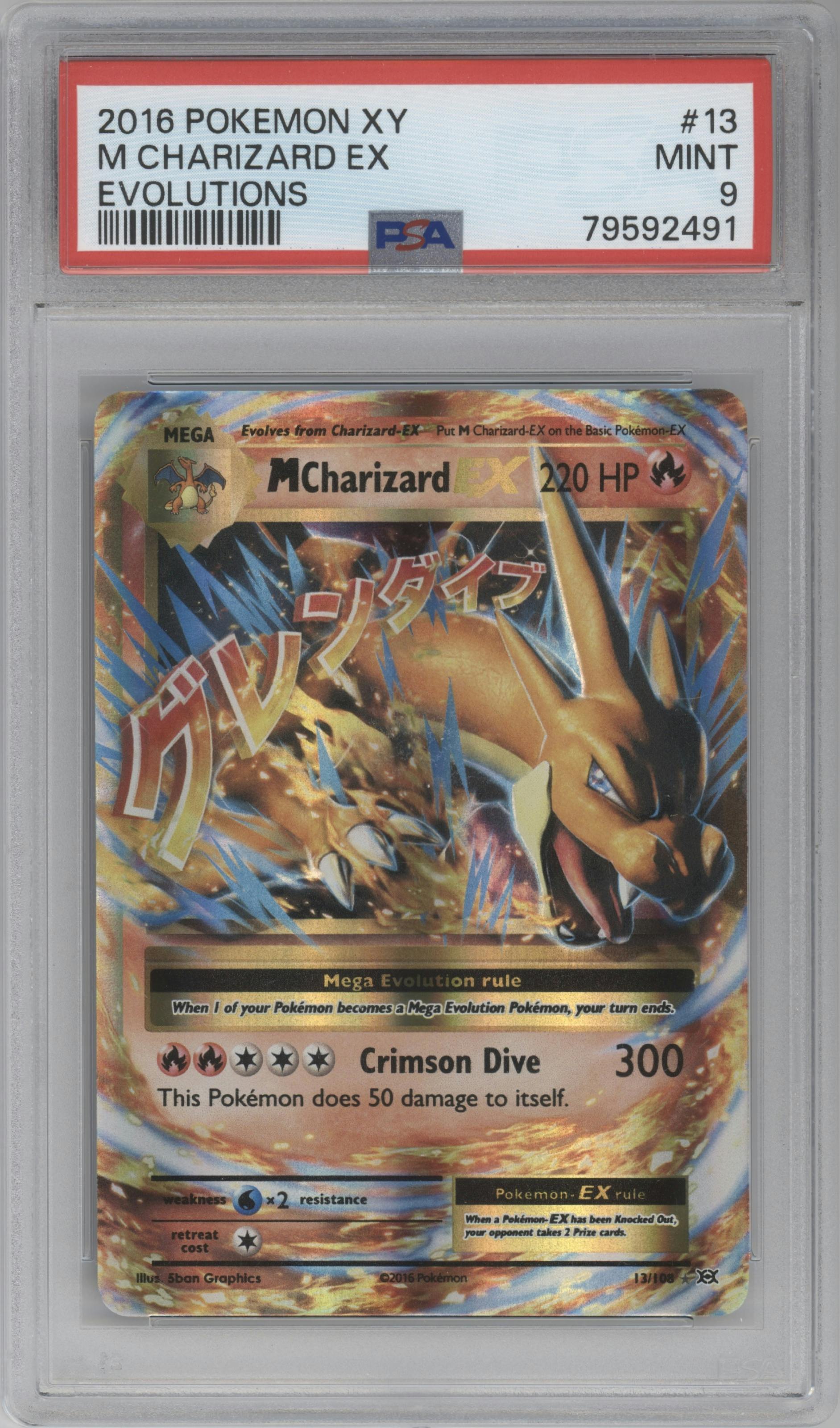 M Charizard EX from the 2016 Pokemon XY set graded by PSA and given an overall grade of 9.