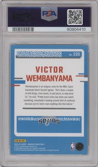 Victor Wembanyama from the 2023-24 Panini Donruss set featuring a Green Holo Laser  parallel graded by PSA and given an overall grade of 10.