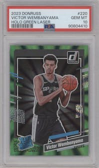 Victor Wembanyama from the 2023-24 Panini Donruss set featuring a Green Holo Laser  parallel graded by PSA and given an overall grade of 10.