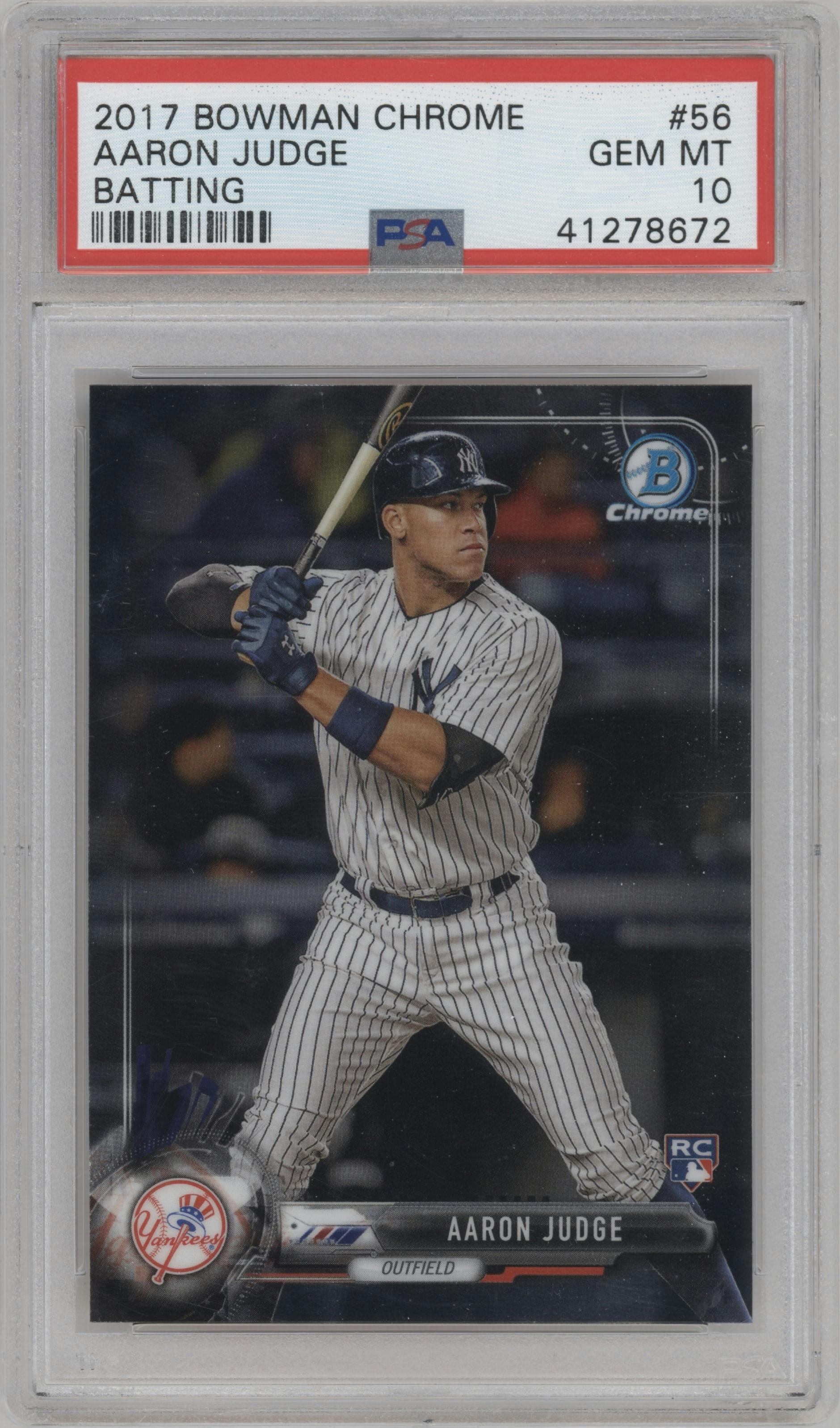Aaron Judge from the 2017 Bowman Chrome set graded by PSA and given an overall grade of 10.