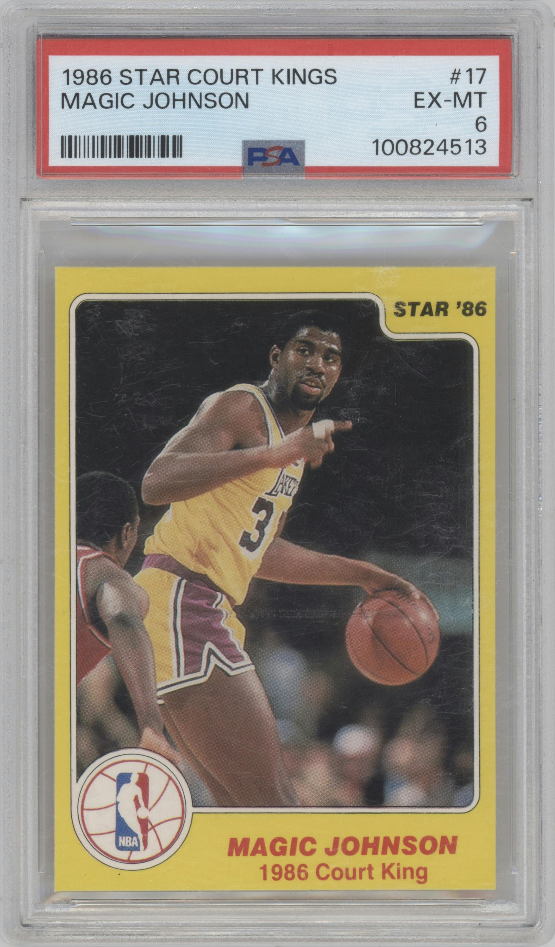 Magic Johnson from the 1986 Star Court Kings set graded by PSA and given an overall grade of 6.