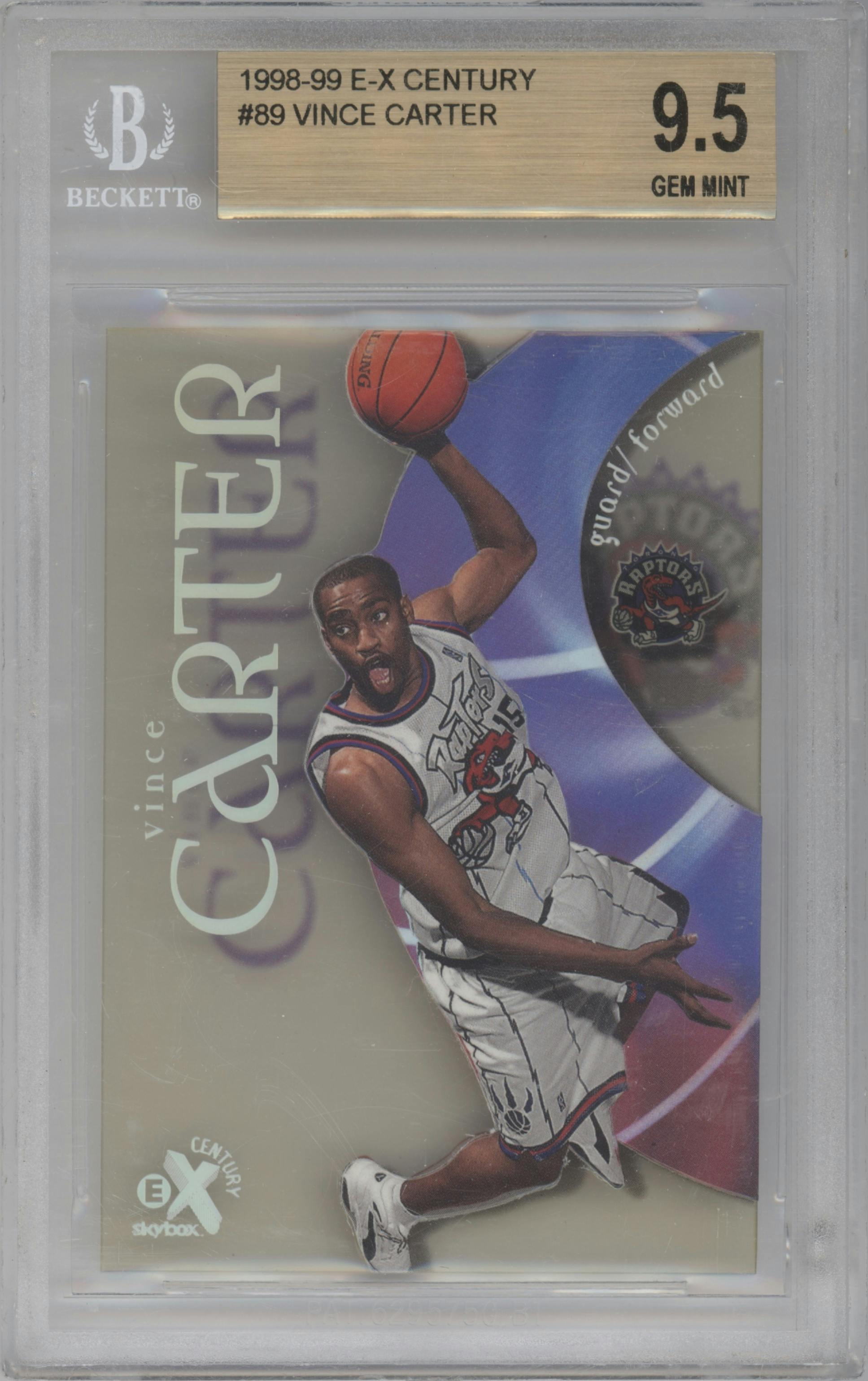 Vince Carter from the 1998-99 Skybox E-X Century set graded by Beckett and given an overall grade of 9.5.