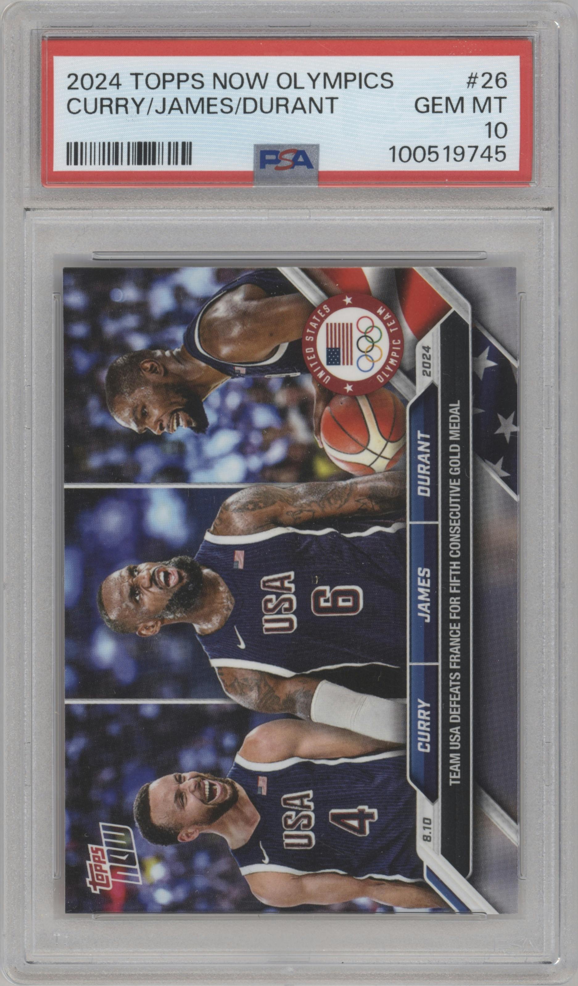 Stephen Curry/LeBron James/Kevin Durant from the 2024 Topps Now Olympics set graded by PSA and given an overall grade of 10.