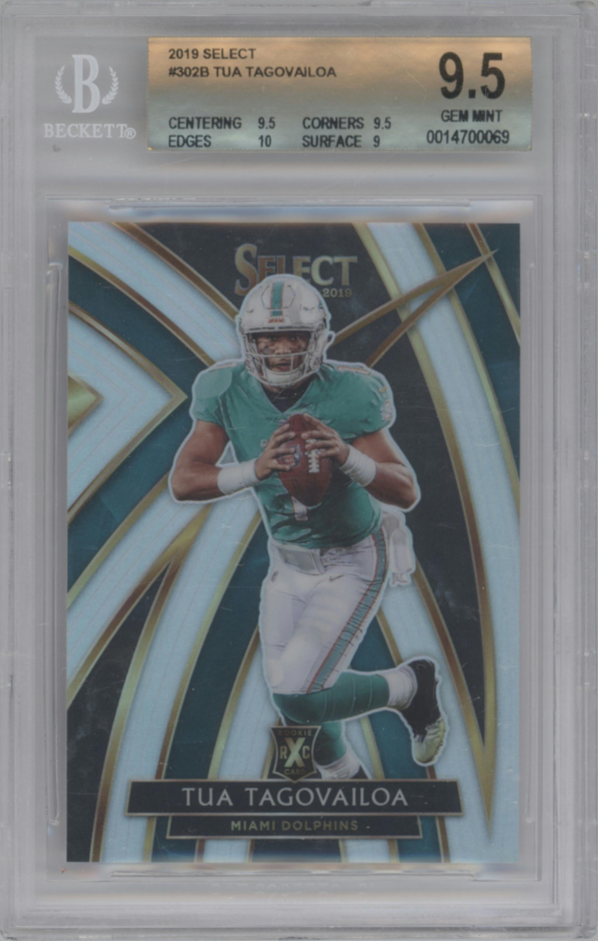 Tua Tagovailoa from the 2019 Panini Select  set graded by Beckett and given an overall grade of 9.5.