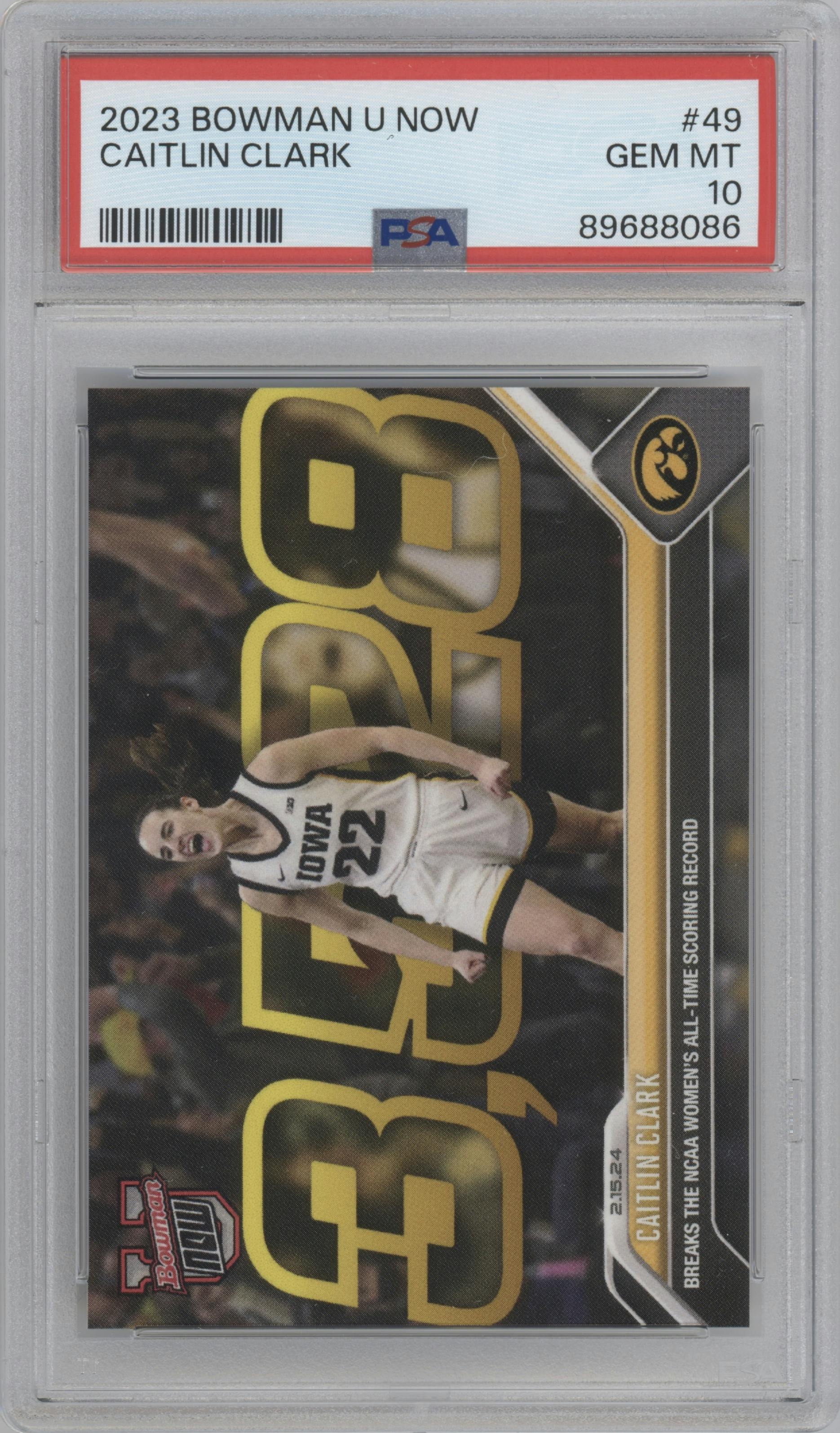 Caitlin Clark from the 2023-24 Bowman U Now set graded by PSA and given an overall grade of 10.