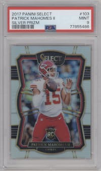 Patrick Mahomes II from the 2017 Panini Select set featuring a Silver Prizm parallel graded by PSA and given an overall grade of 9.