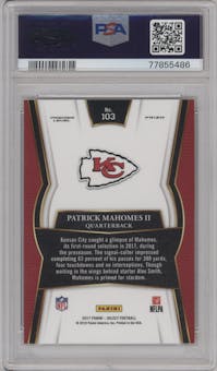 Patrick Mahomes II from the 2017 Panini Select set featuring a Silver Prizm parallel graded by PSA and given an overall grade of 9.