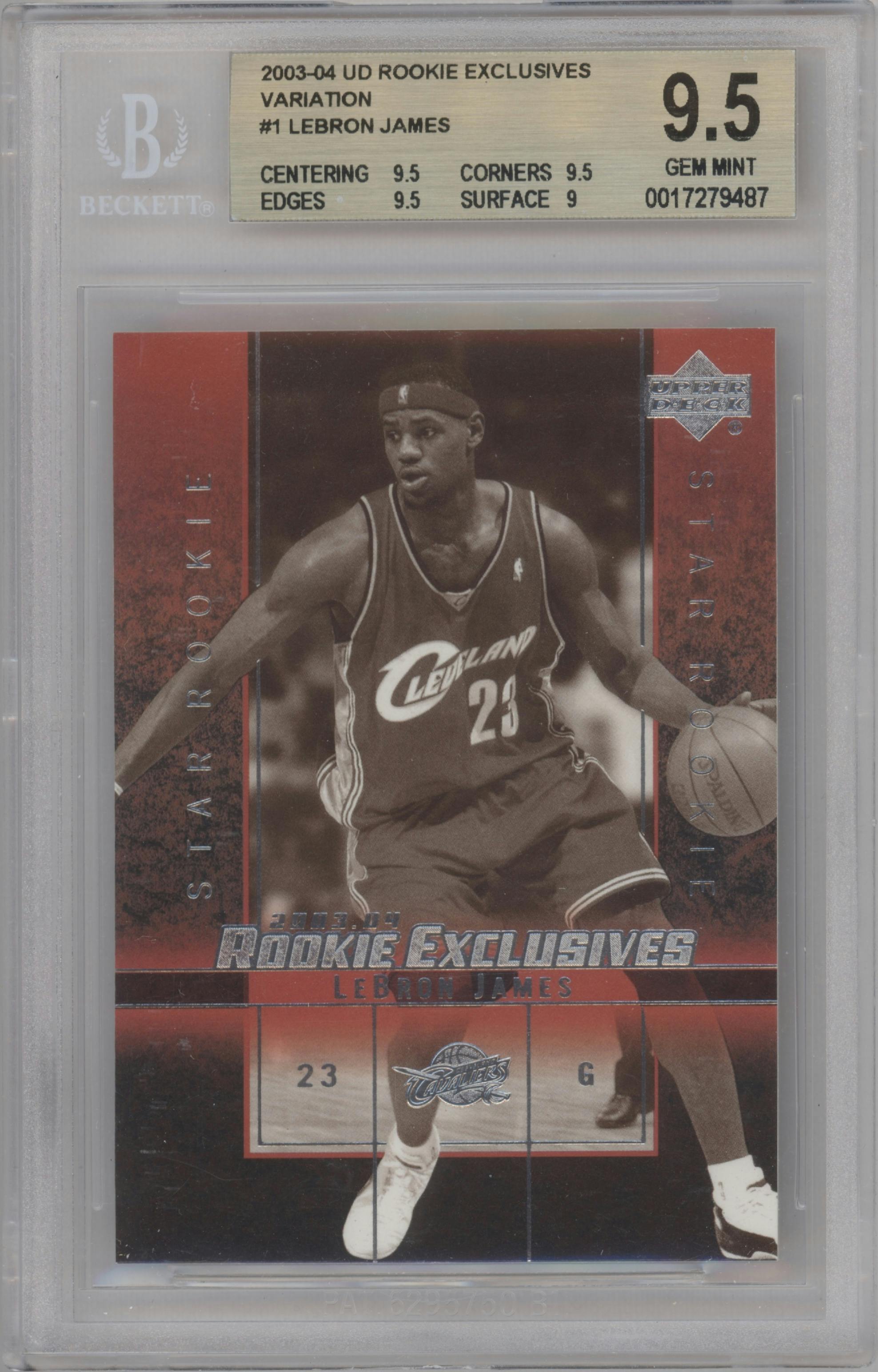 LeBron James from the 2003-04 Upper Deck Rookie Exclusives set graded by Beckett and given an overall grade of 9.5.