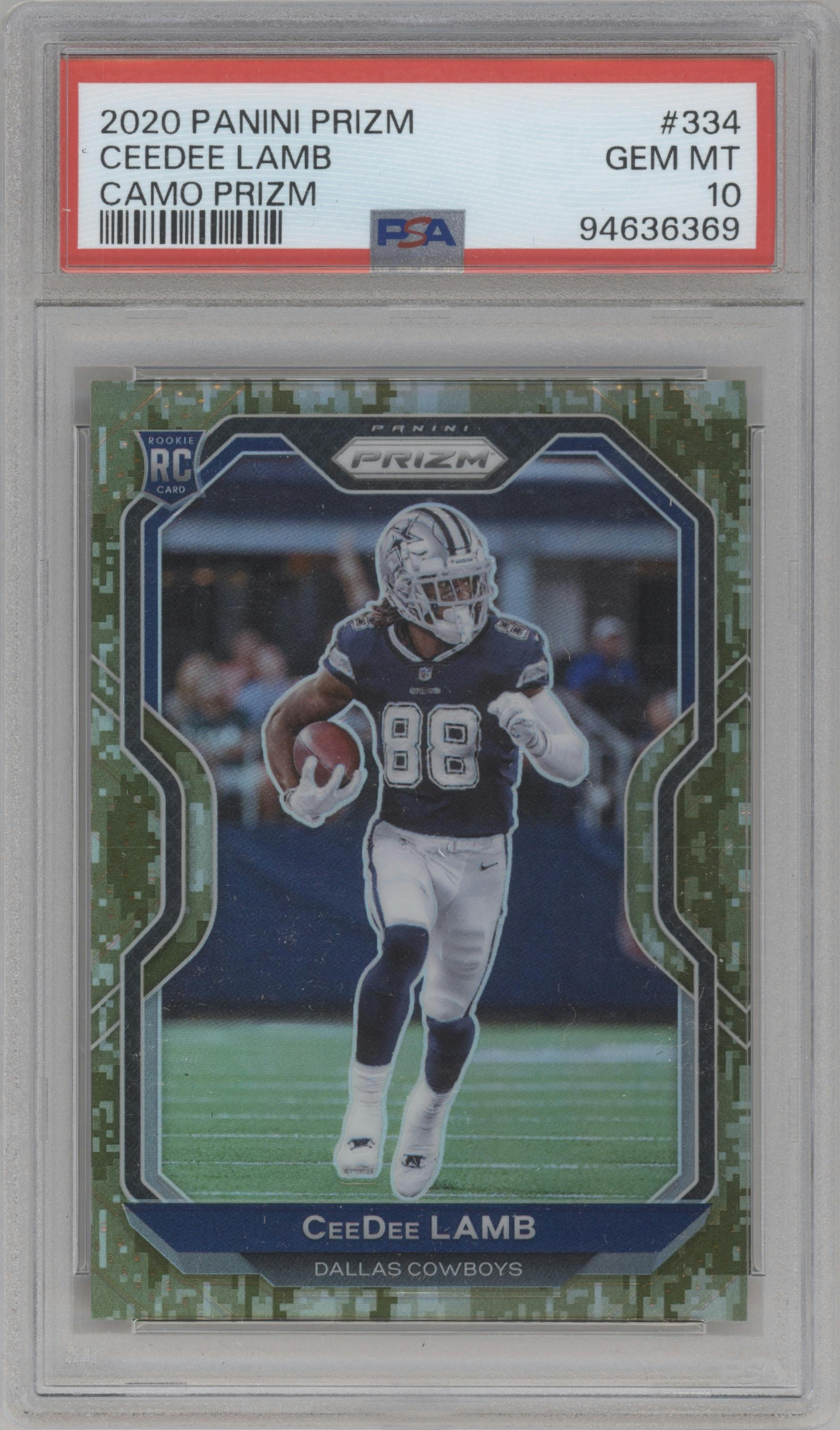 CeeDee Lamb from the 2020 Panini Prizm set featuring a Camo parallel graded by PSA and given an overall grade of 10.