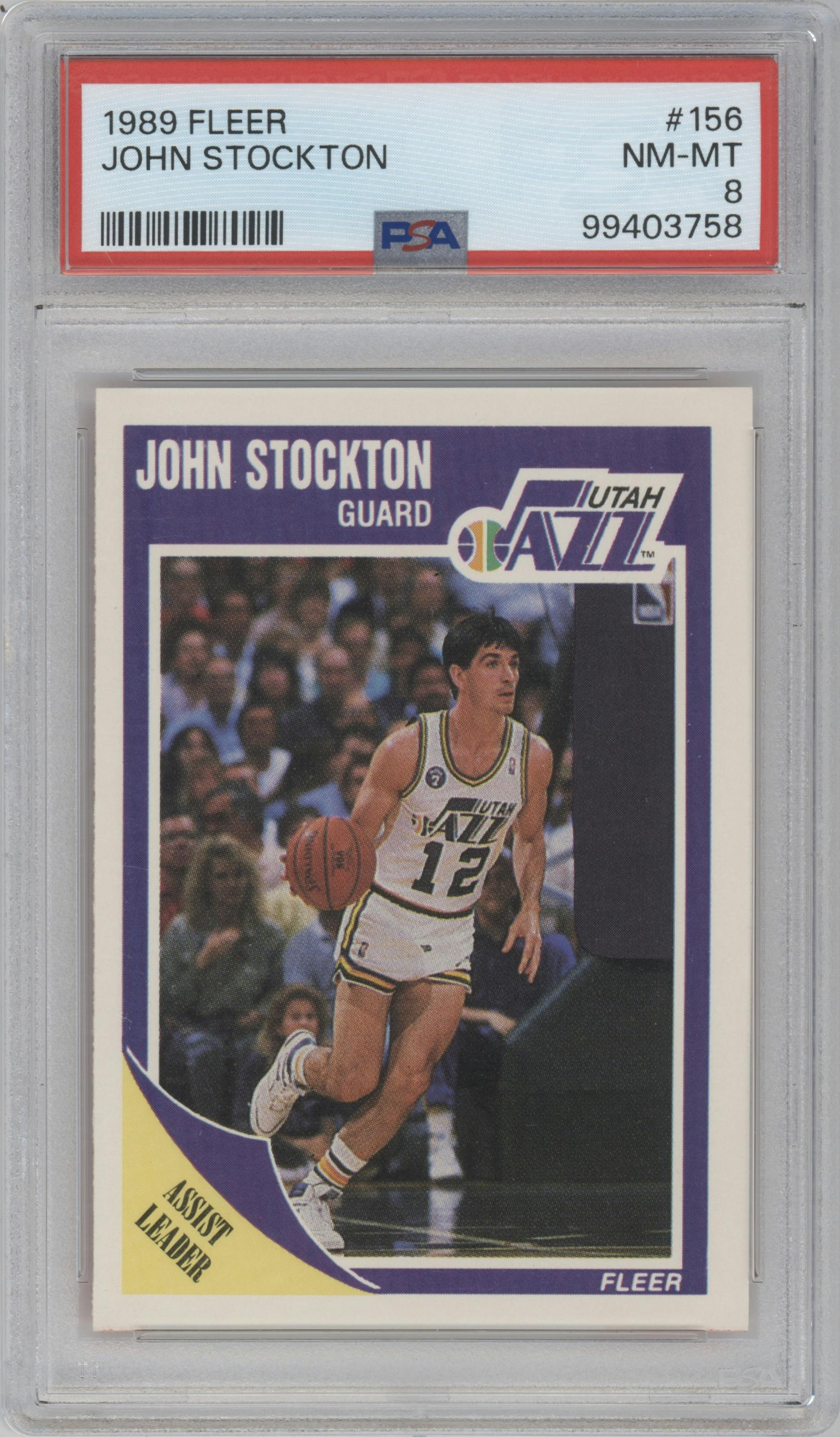 John Stockton from the 1989-90 Fleer set graded by PSA and given an overall grade of 8.