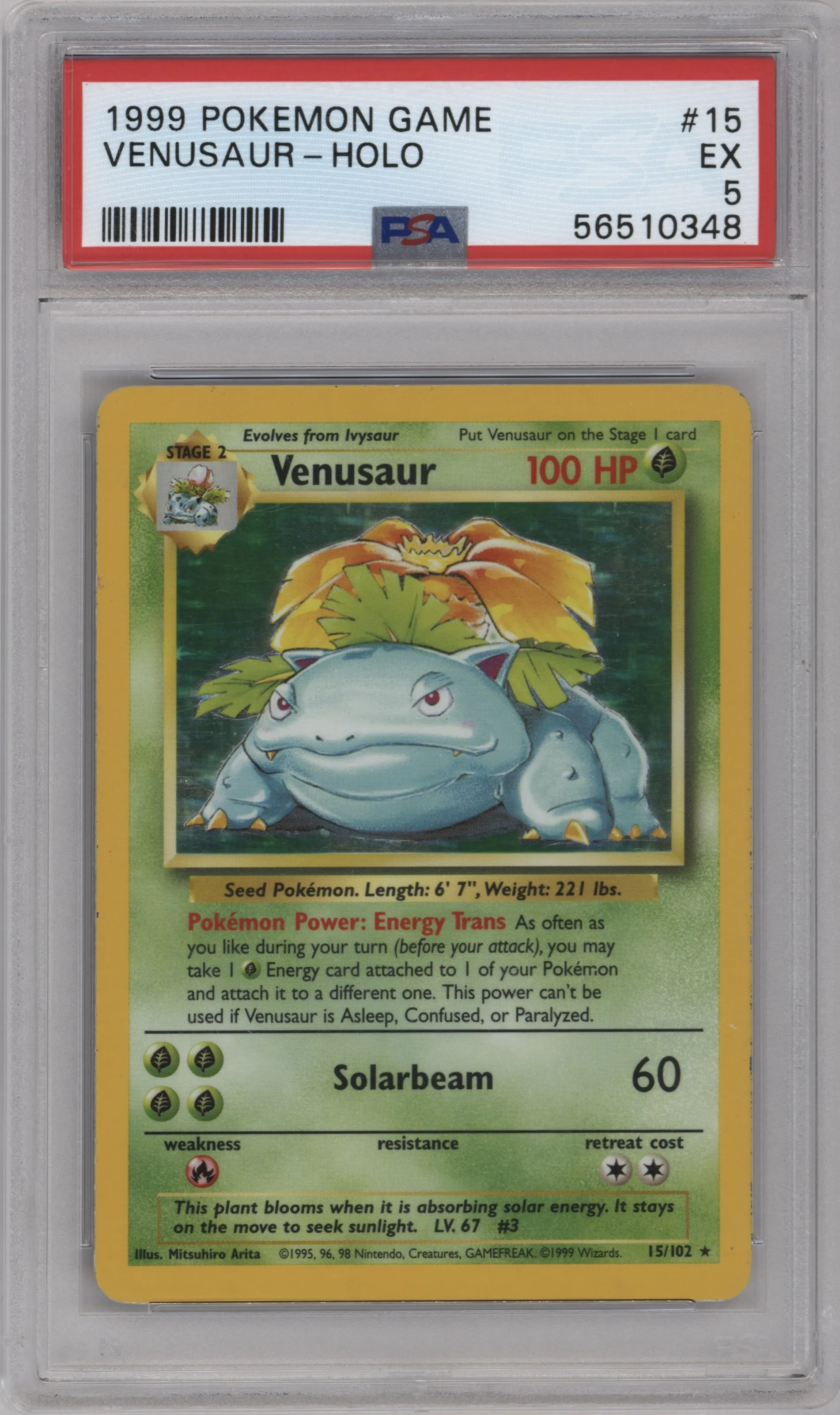 Venusaur from the 1999 Pokemon set graded by PSA and given an overall grade of 5.