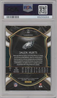 Jalen Hurts from the 2020 Panini Select set featuring a Tiger parallel graded by PSA and given an overall grade of 9.