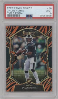 Jalen Hurts from the 2020 Panini Select set featuring a Tiger parallel graded by PSA and given an overall grade of 9.