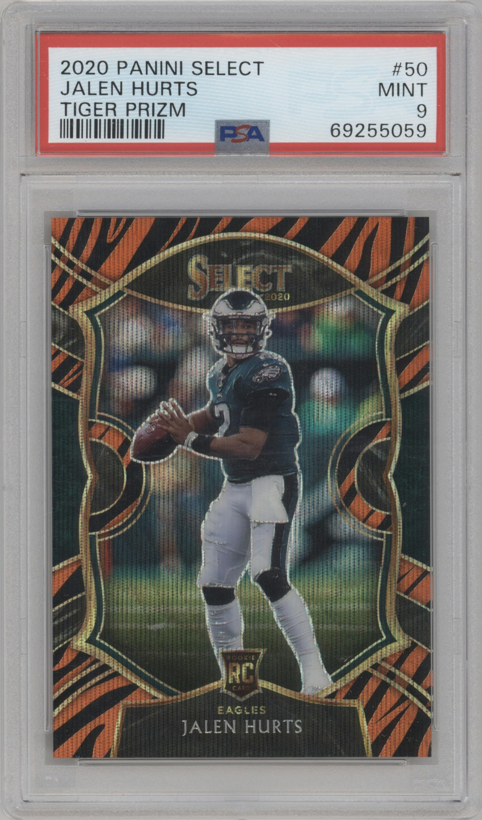 Jalen Hurts from the 2020 Panini Select set featuring a Tiger parallel graded by PSA and given an overall grade of 9.