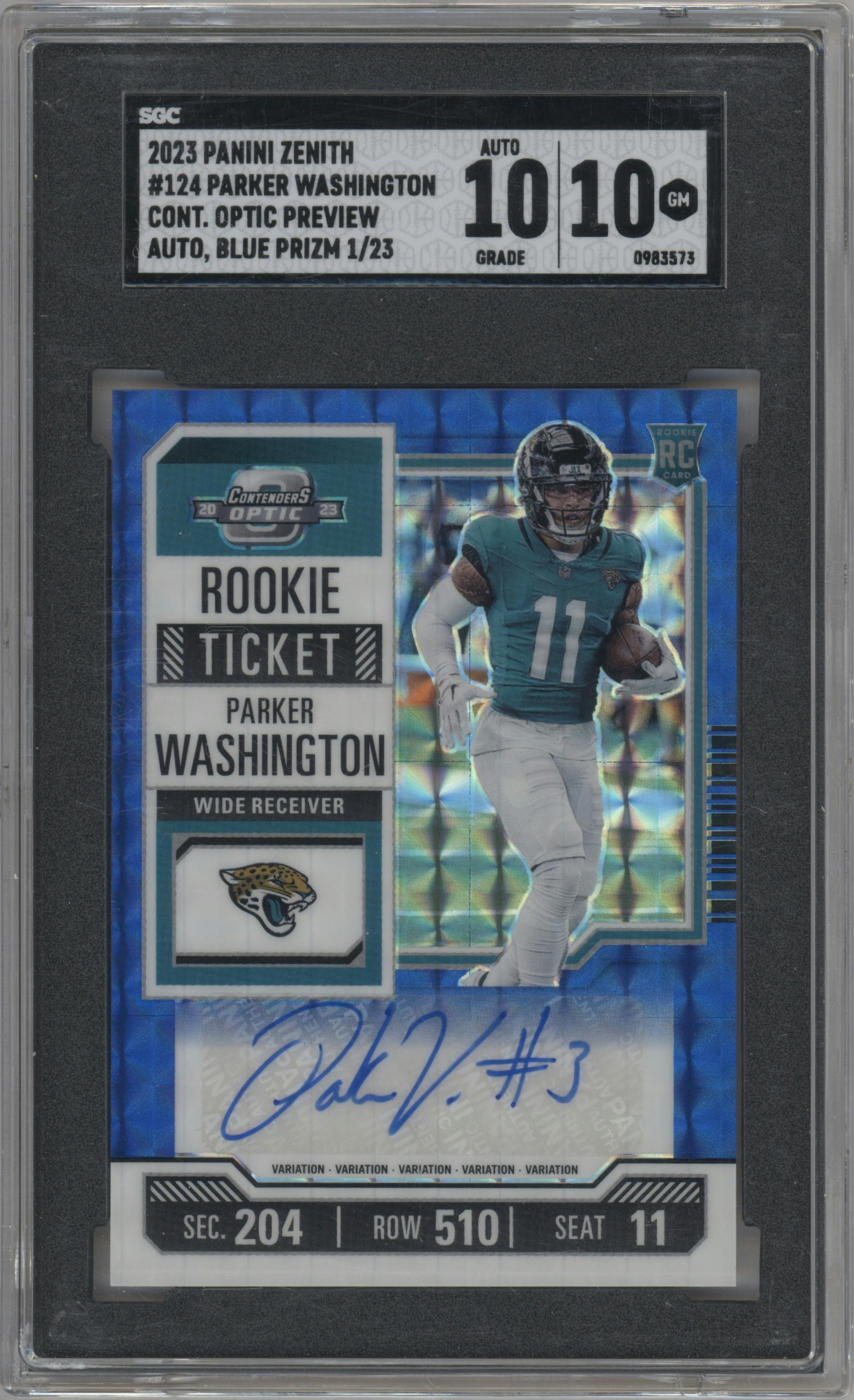 Parker Washington from the 2023 Panini Zenith set featuring a Blue parallel graded by SGC and given an overall grade of 10.