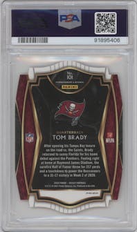 Tom Brady from the 2020 Panini Select set featuring a Die-Cut Orange parallel graded by PSA and given an overall grade of 10.