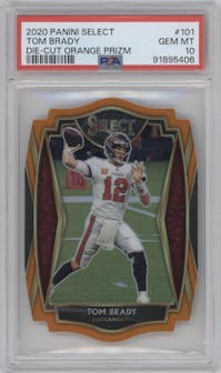 Tom Brady from the 2020 Panini Select set featuring a Die-Cut Orange parallel graded by PSA and given an overall grade of 10.