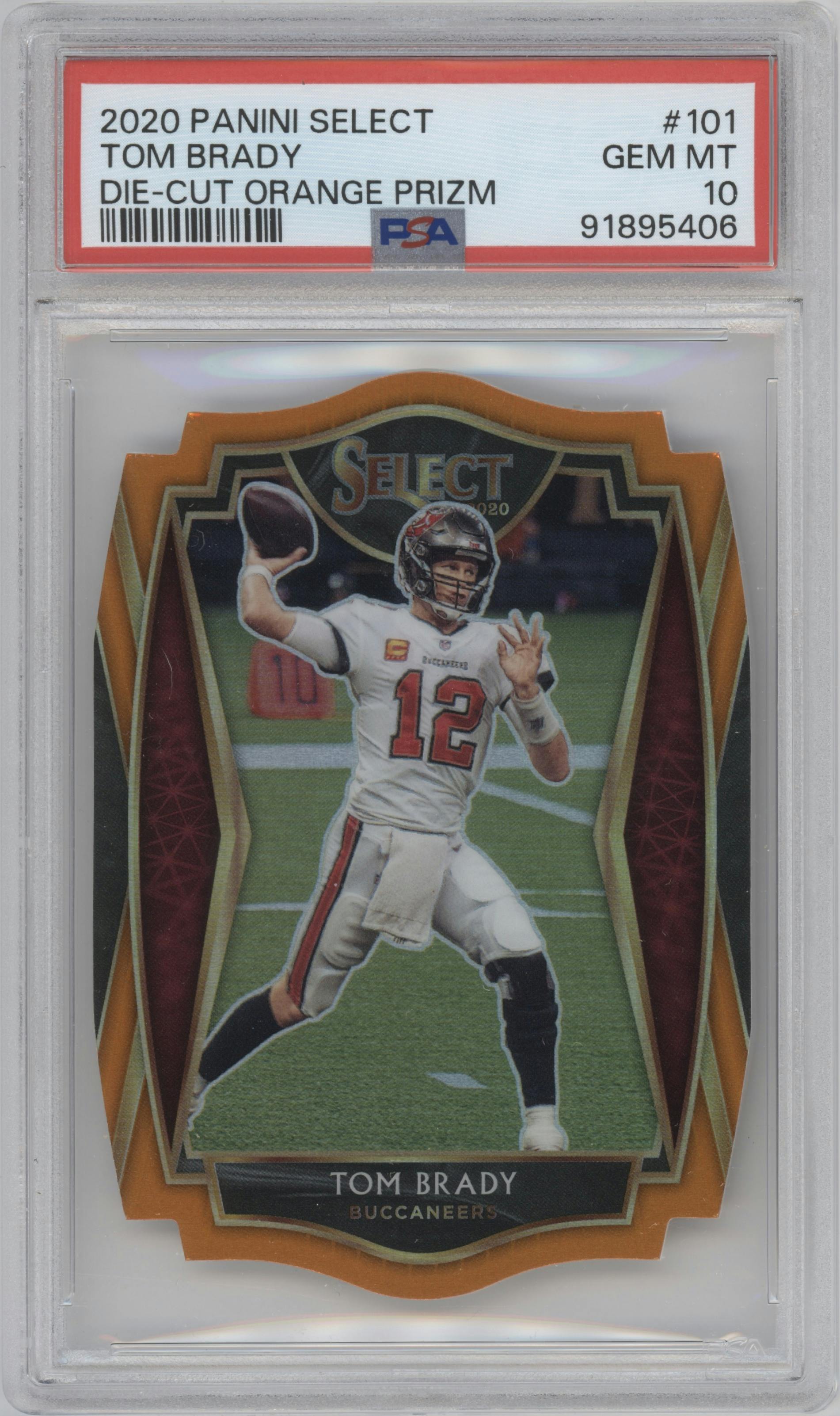 Tom Brady from the 2020 Panini Select set featuring a Die-Cut Orange parallel graded by PSA and given an overall grade of 10.