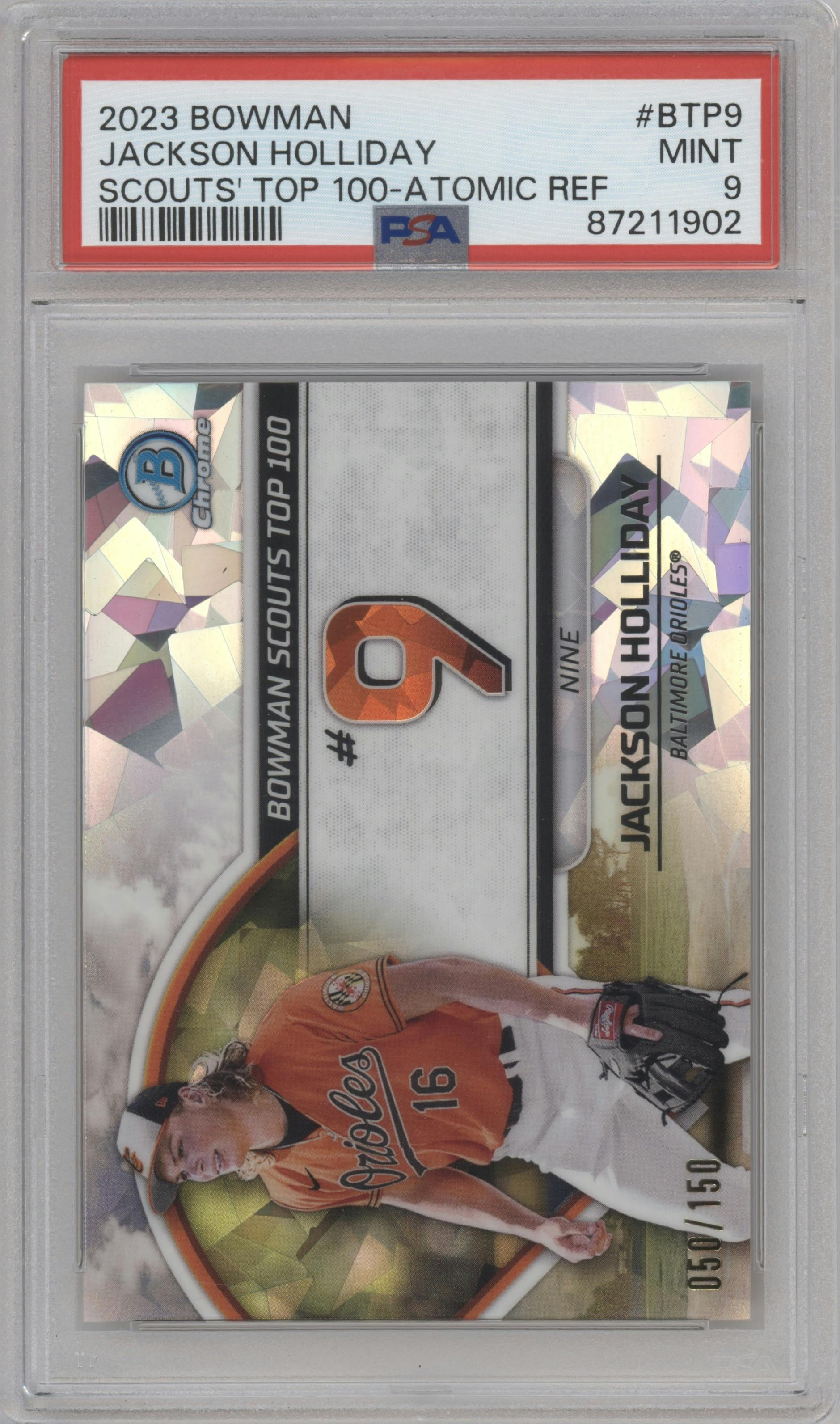 Jackson Holliday from the 2023 Bowman  set featuring a Atomic Refractor parallel graded by PSA and given an overall grade of 9.