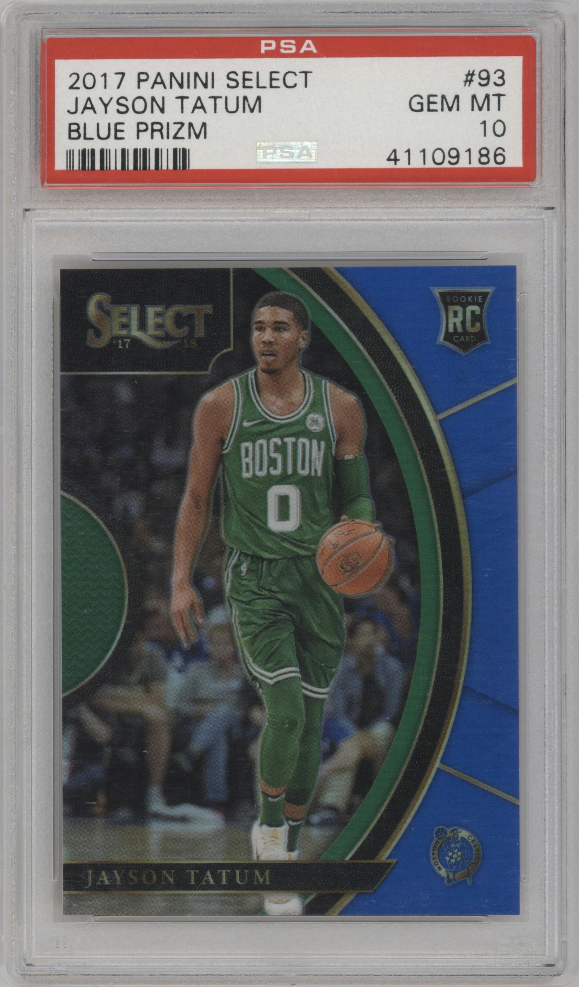 Jayson Tatum from the 2017-18 Panini Select set featuring a Blue Prizm parallel graded by PSA and given an overall grade of 10.