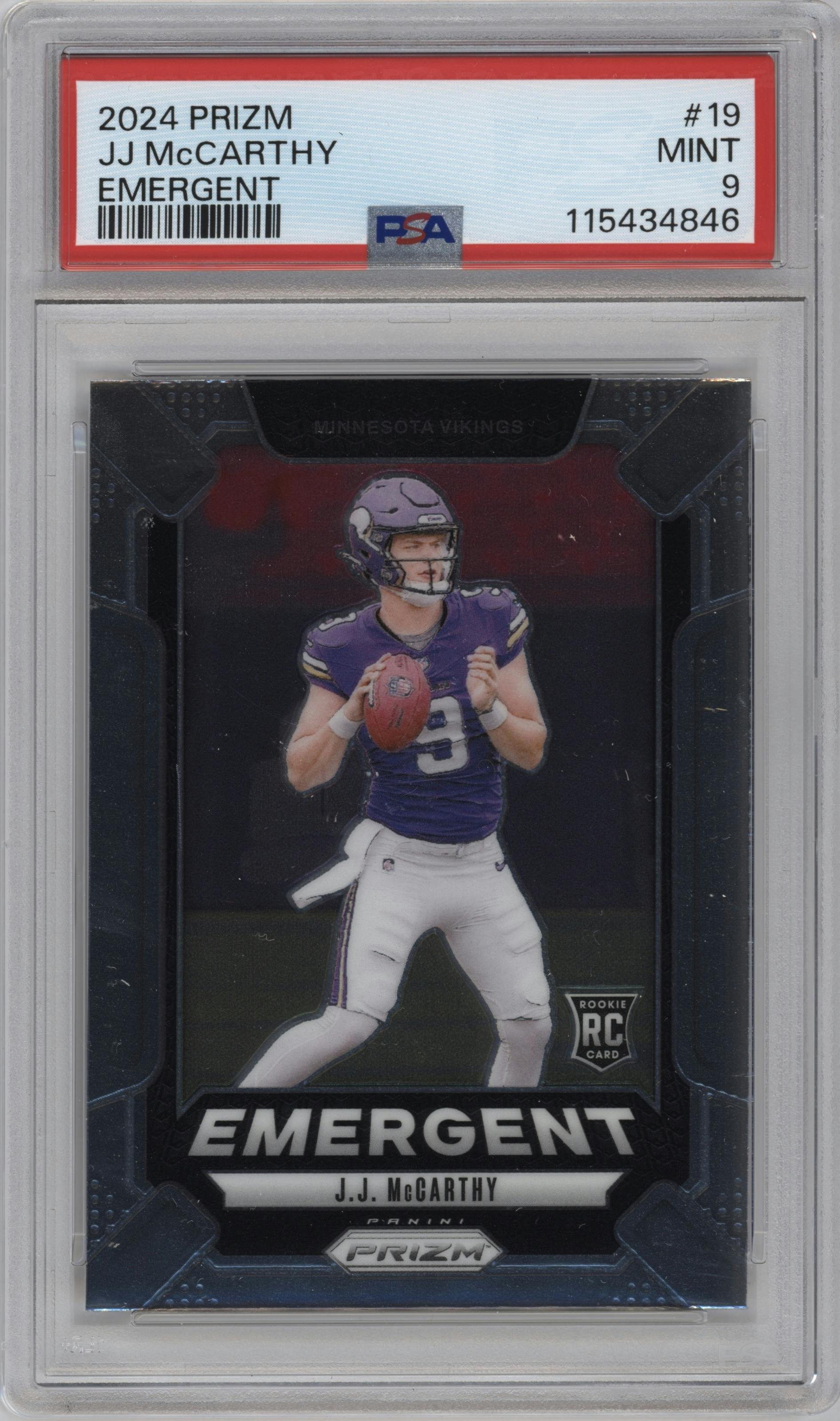 J.J. McCarthy from the 2024 Panini Prizm set graded by PSA and given an overall grade of 9.