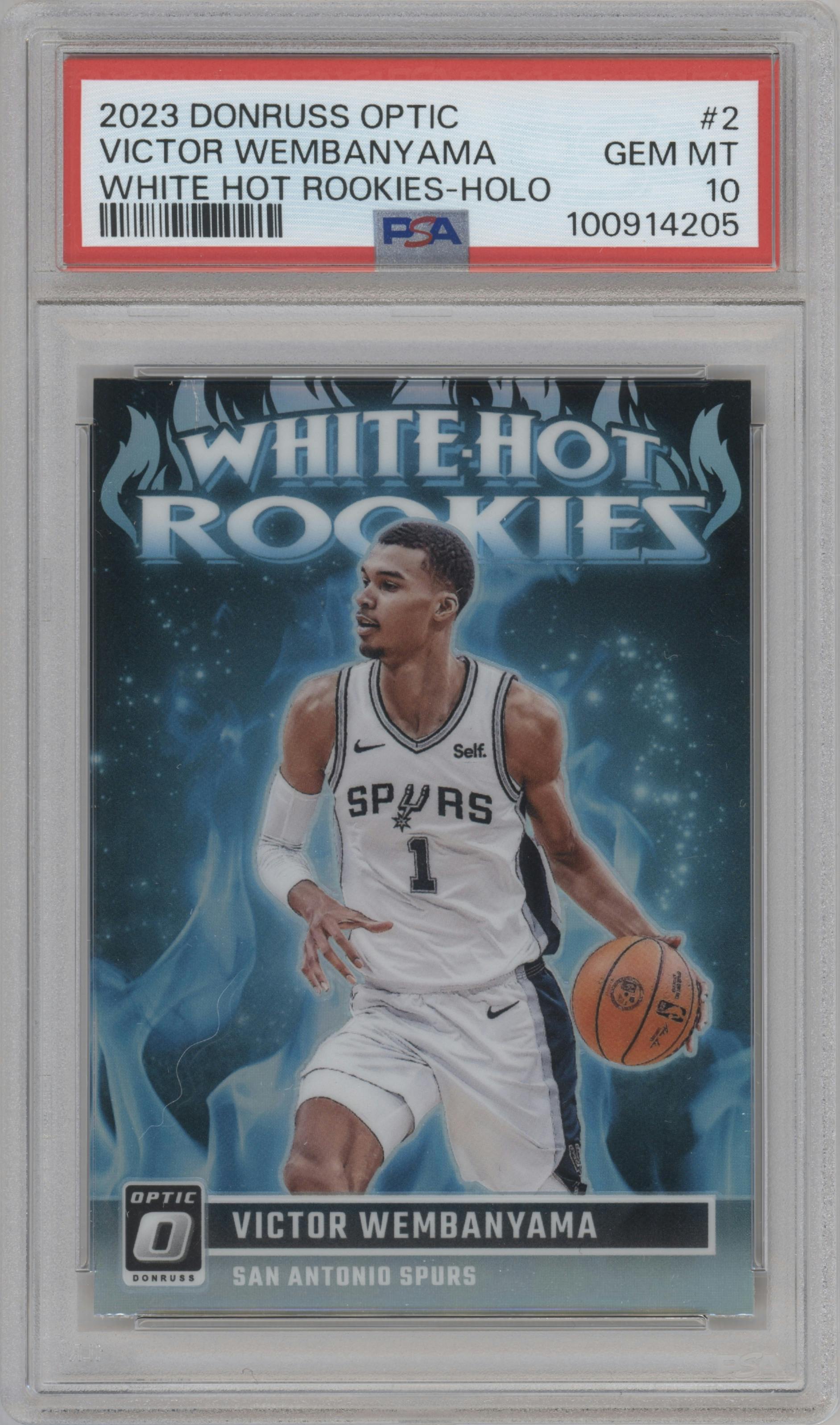 Victor Wembanyama from the 2023-24 Donruss Optic set featuring a Holo parallel graded by PSA and given an overall grade of 10.