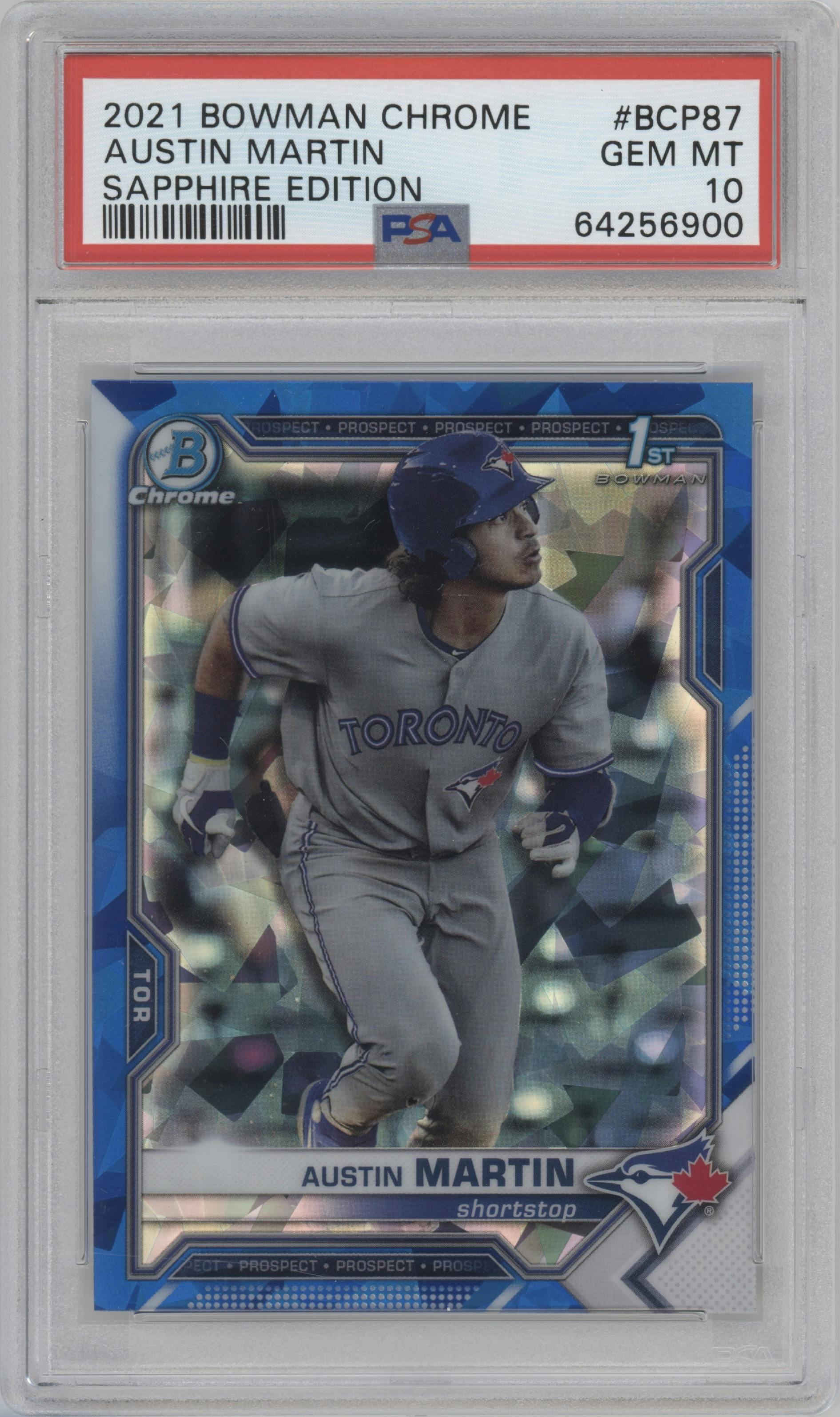 Austin Martin from the 2021 Bowman Sapphire Edition set graded by PSA and given an overall grade of 10.
