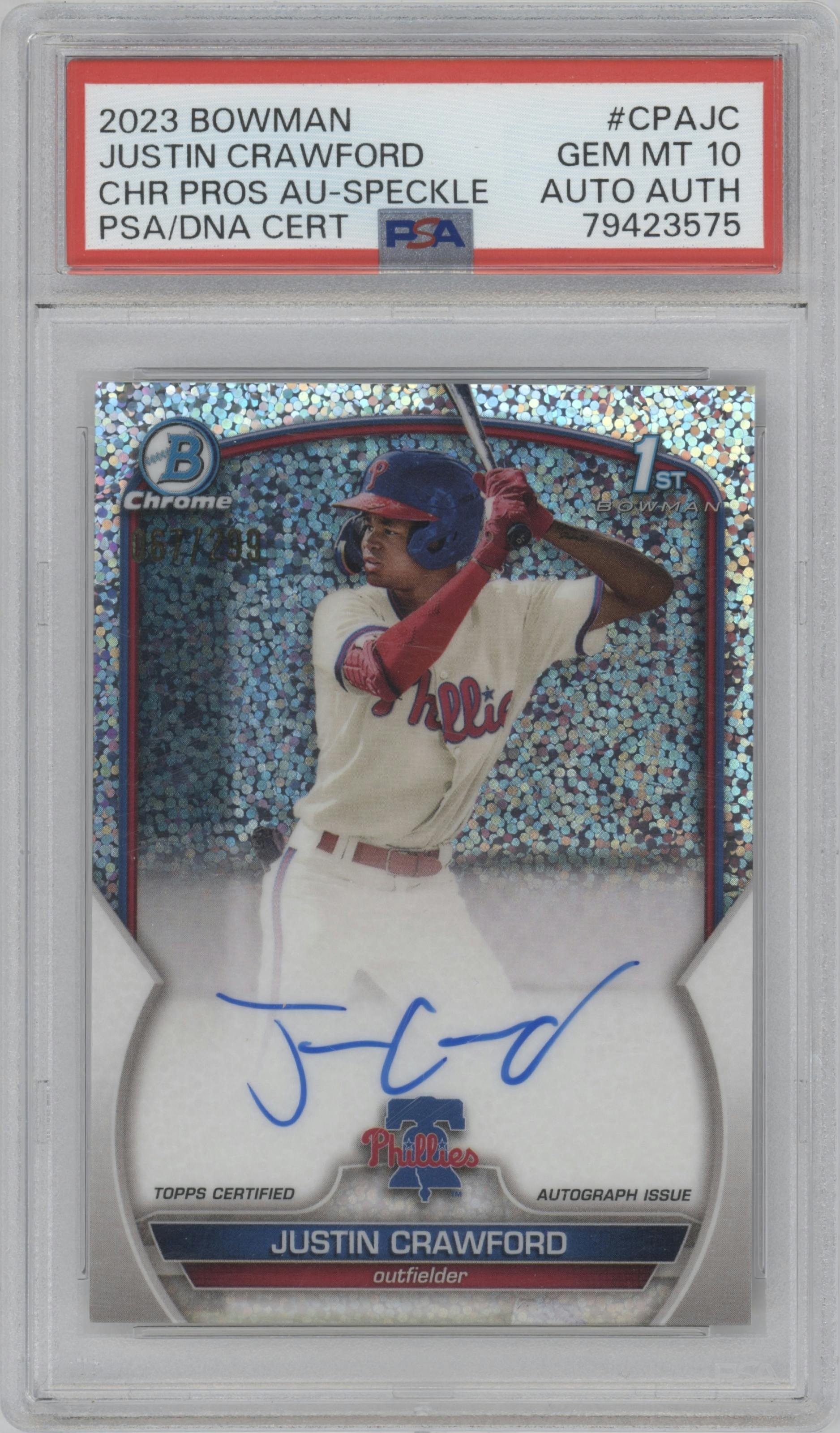 Justin Crawford from the 2023 Bowman  set featuring a Speckle Refractor parallel graded by PSA and given an overall grade of 10.