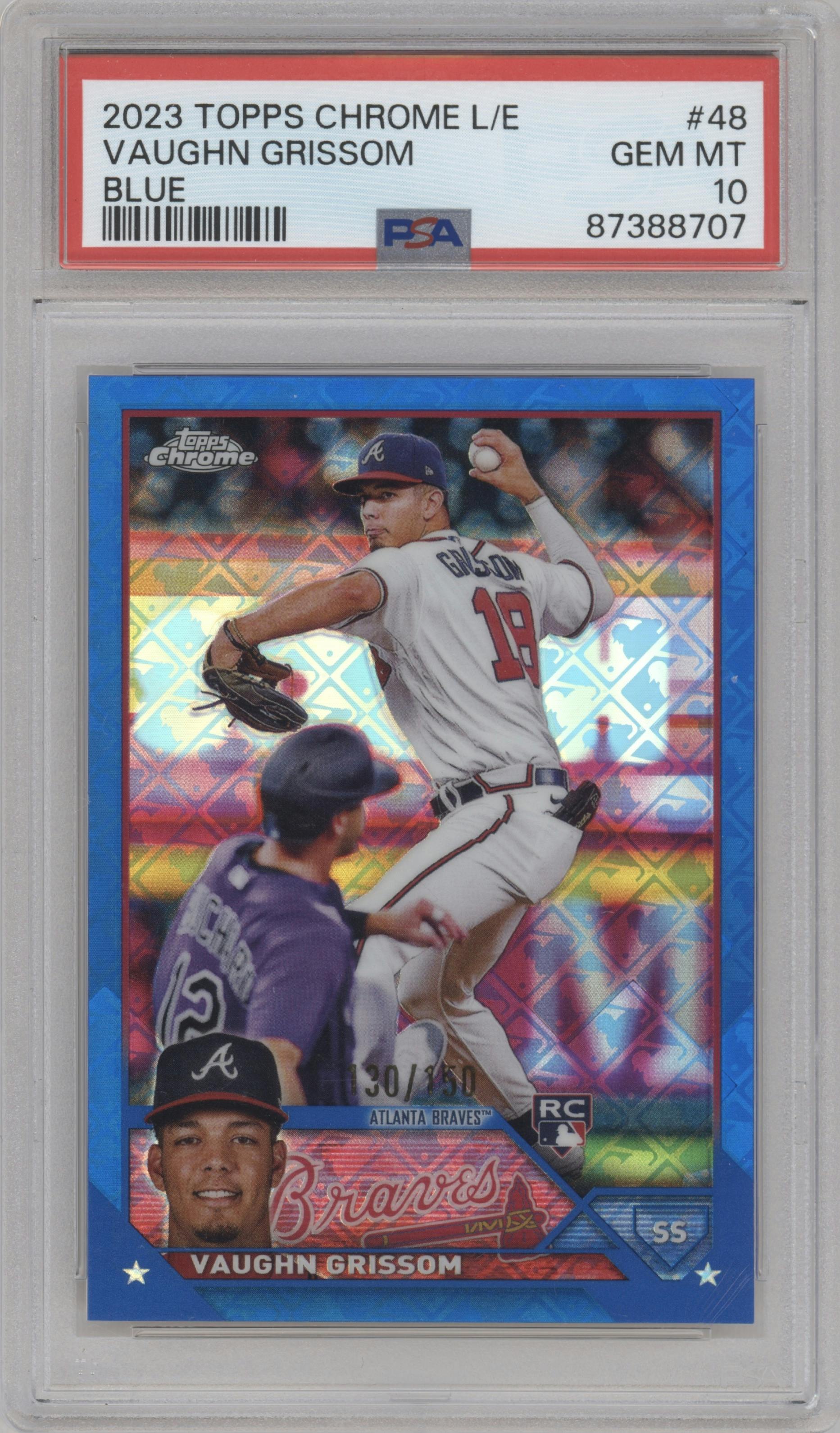 Vaughn Grissom  from the 2023 Topps Chrome Logofractor Edition set featuring a Blue Refractor parallel graded by PSA and given an overall grade of 10.