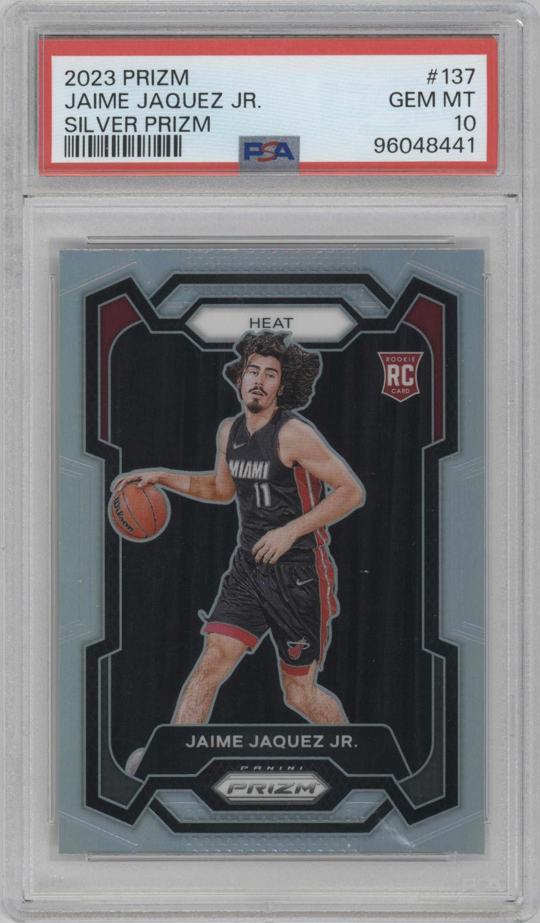 Jaime Jaquez Jr. from the 2023-24 Panini Prizm set featuring a Silver Prizm  parallel graded by PSA and given an overall grade of 10.