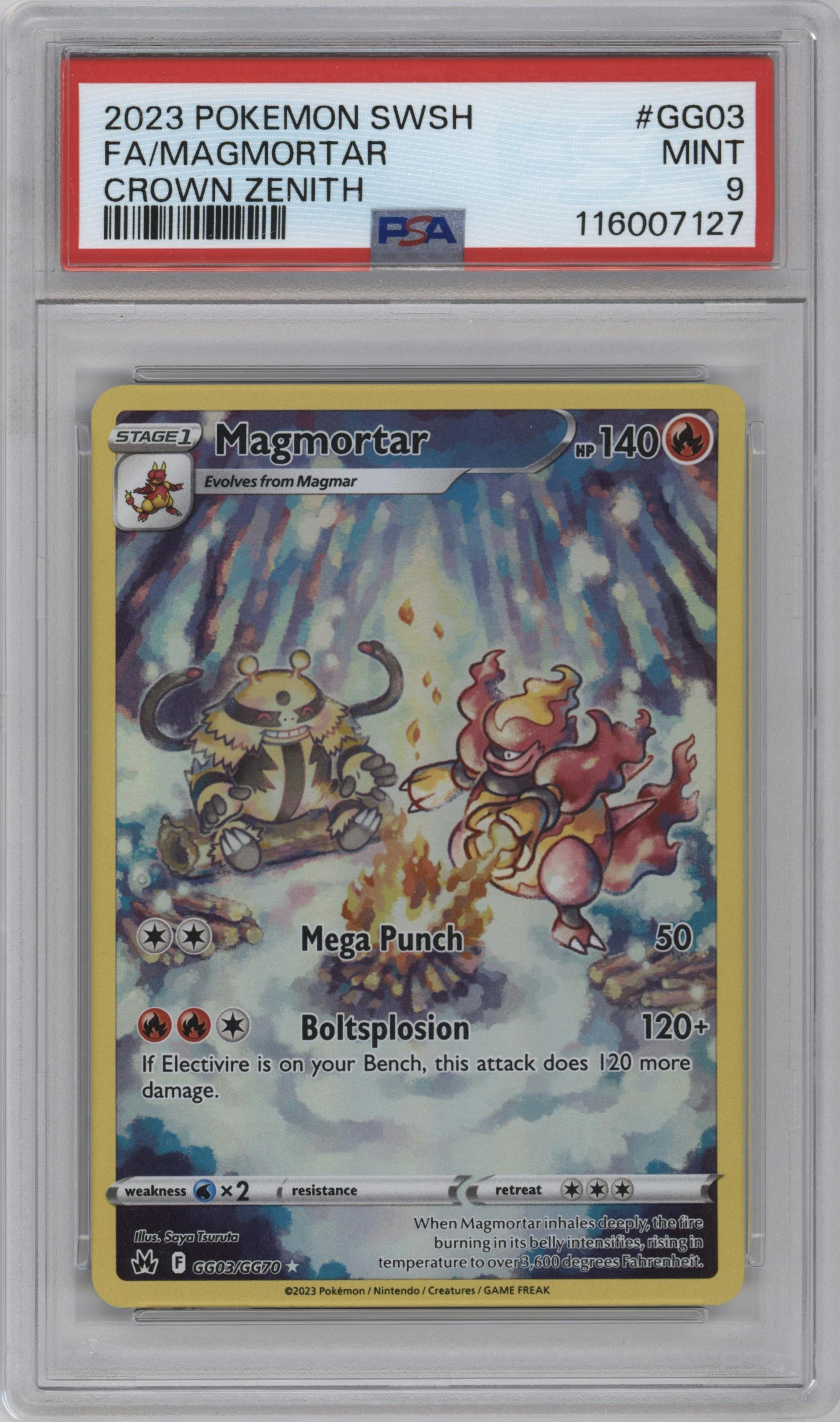 Magmortar from the 2023 Pokemon SWSH set graded by PSA and given an overall grade of 9.