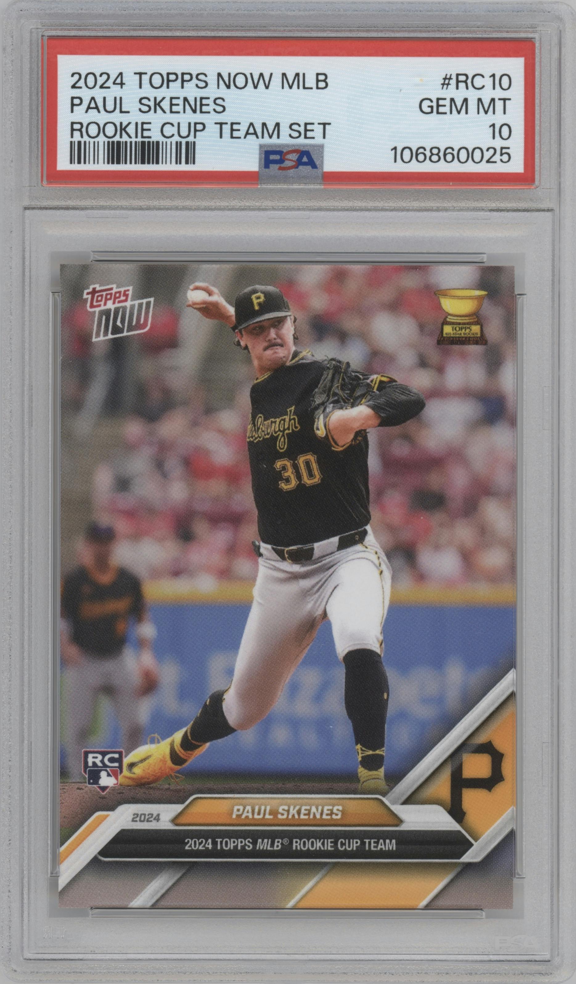Paul Skenes from the 2024 Topps Now Rookie Cup set graded by PSA and given an overall grade of 10.
