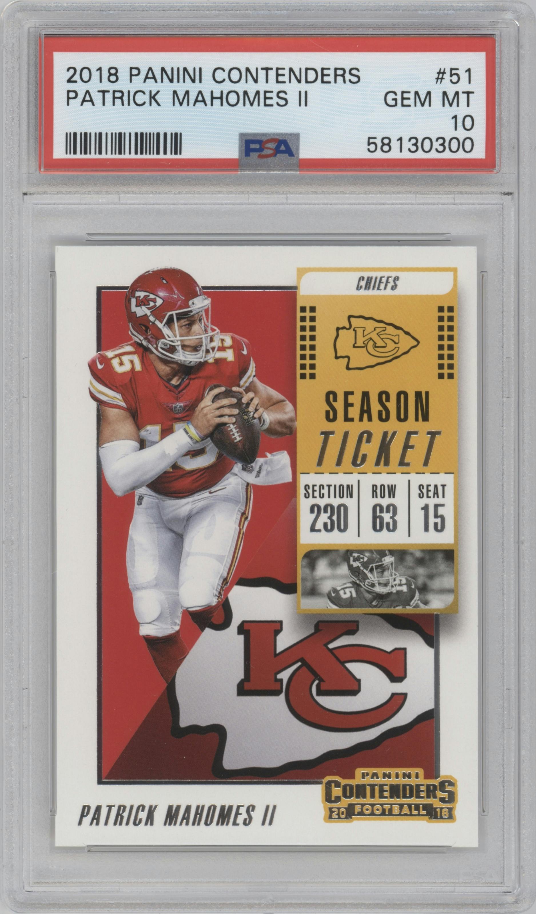 Patrick Mahomes II from the 2018 Panini Contenders set graded by PSA and given an overall grade of 10.