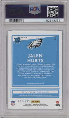 Jalen Hurts from the 2020 Panini Donruss Optic set featuring a Aqua parallel graded by PSA and given an overall grade of 9.