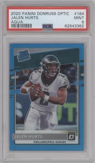 Jalen Hurts from the 2020 Panini Donruss Optic set featuring a Aqua parallel graded by PSA and given an overall grade of 9.