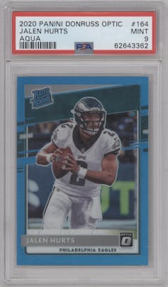 Jalen Hurts from the 2020 Panini Donruss Optic set featuring a Aqua parallel graded by PSA and given an overall grade of 9.