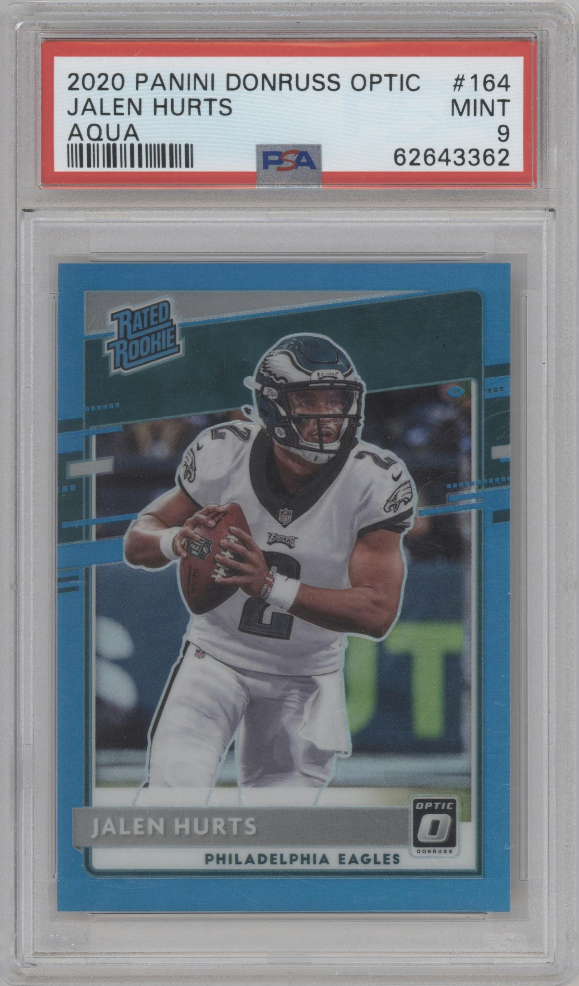 Jalen Hurts from the 2020 Panini Donruss Optic set featuring a Aqua parallel graded by PSA and given an overall grade of 9.