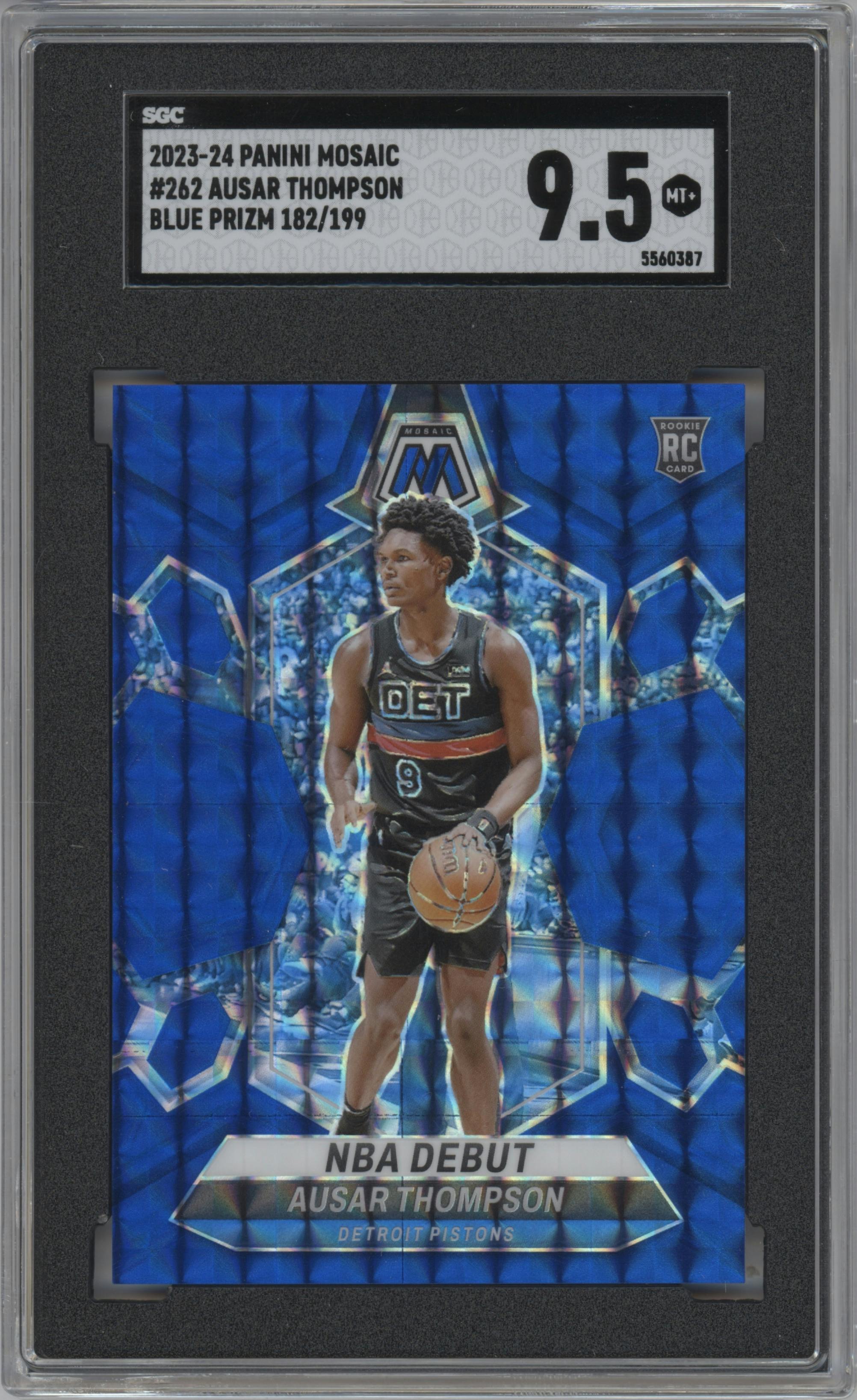 Ausar Thompson from the 2023-24 Panini Mosaic set featuring a Blue Mosaic parallel graded by SGC and given an overall grade of 9.5.