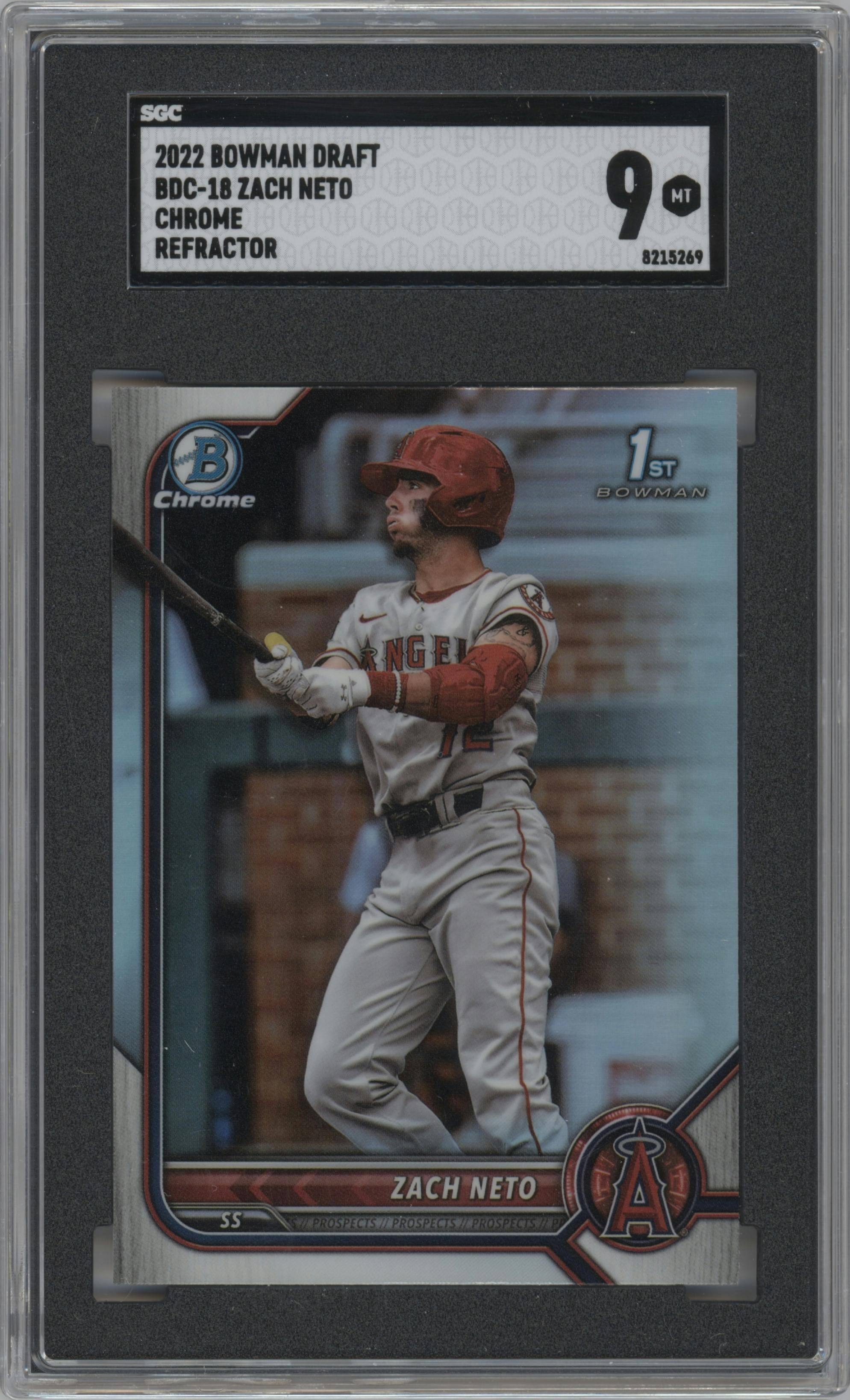 Zach Neto from the 2022 Bowman Draft set featuring a Refractor parallel graded by SGC and given an overall grade of 9.