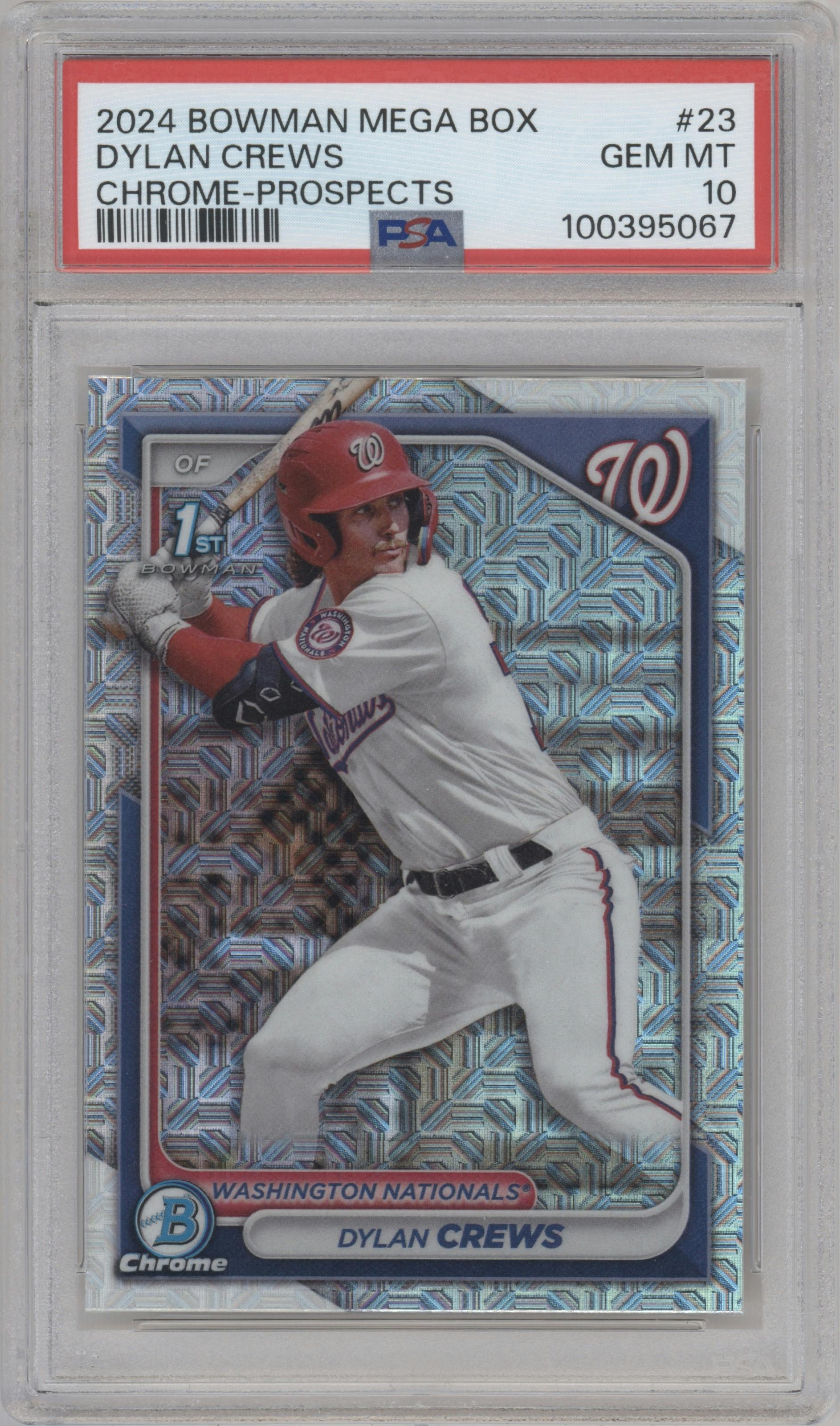 Dylan Crews from the 2024 Bowman Mega Box set graded by PSA and given an overall grade of 10.