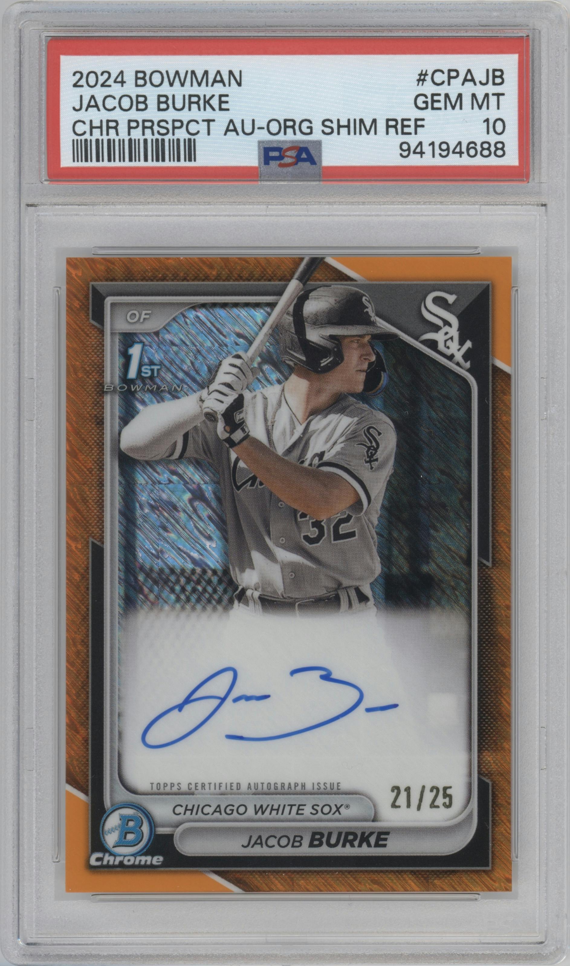 Jacob Burke from the 2024 Bowman set featuring a Orange Shimmer Refractor parallel graded by PSA and given an overall grade of 10.