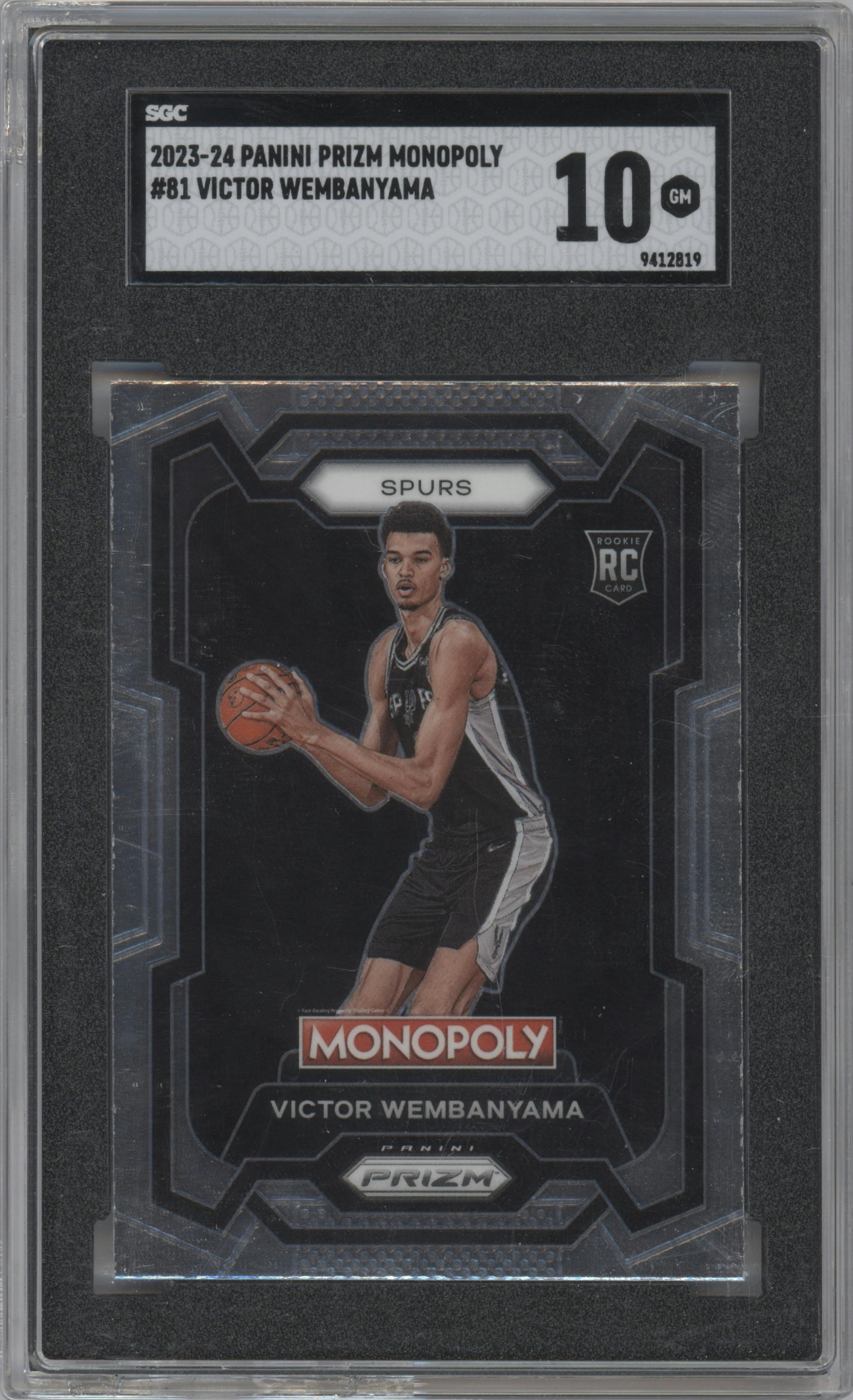 Victor Wembanyama from the 2023-24 Panini Prizm Monopoly set graded by SGC and given an overall grade of 10.