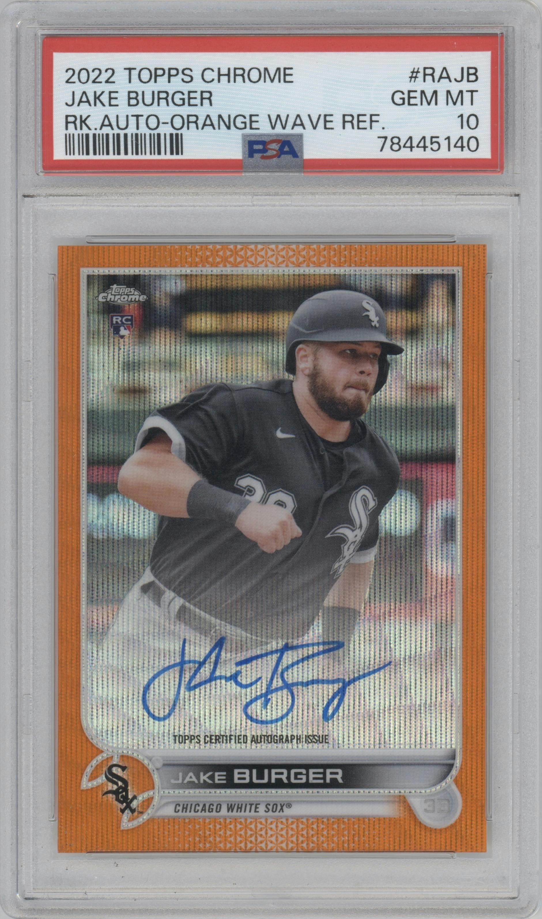 Jake Burger from the 2022 Topps Chrome set featuring a Orange Wave Refractor parallel graded by PSA and given an overall grade of 10.