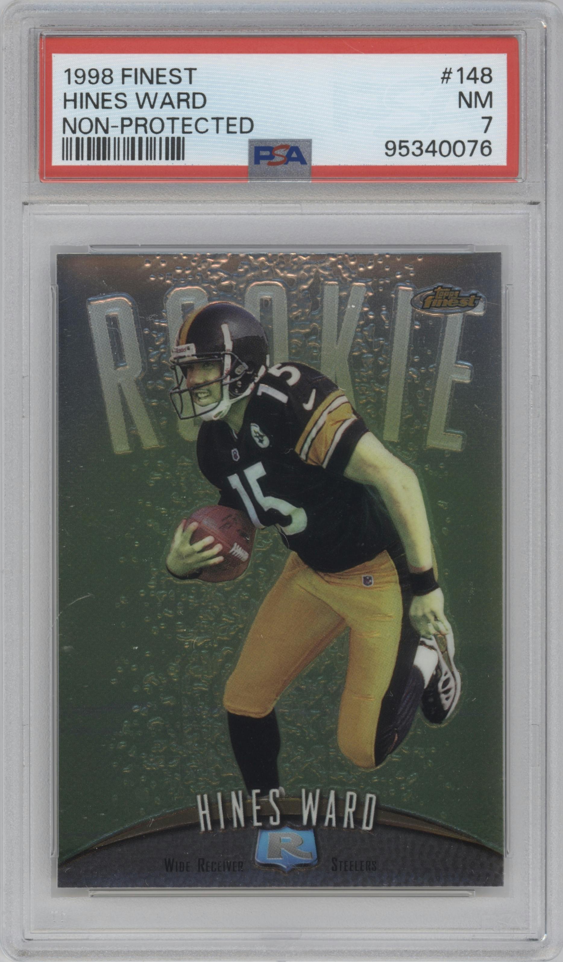 Hines Ward from the 1998 Topps Finest set featuring a No-Protectors parallel graded by PSA and given an overall grade of 7.