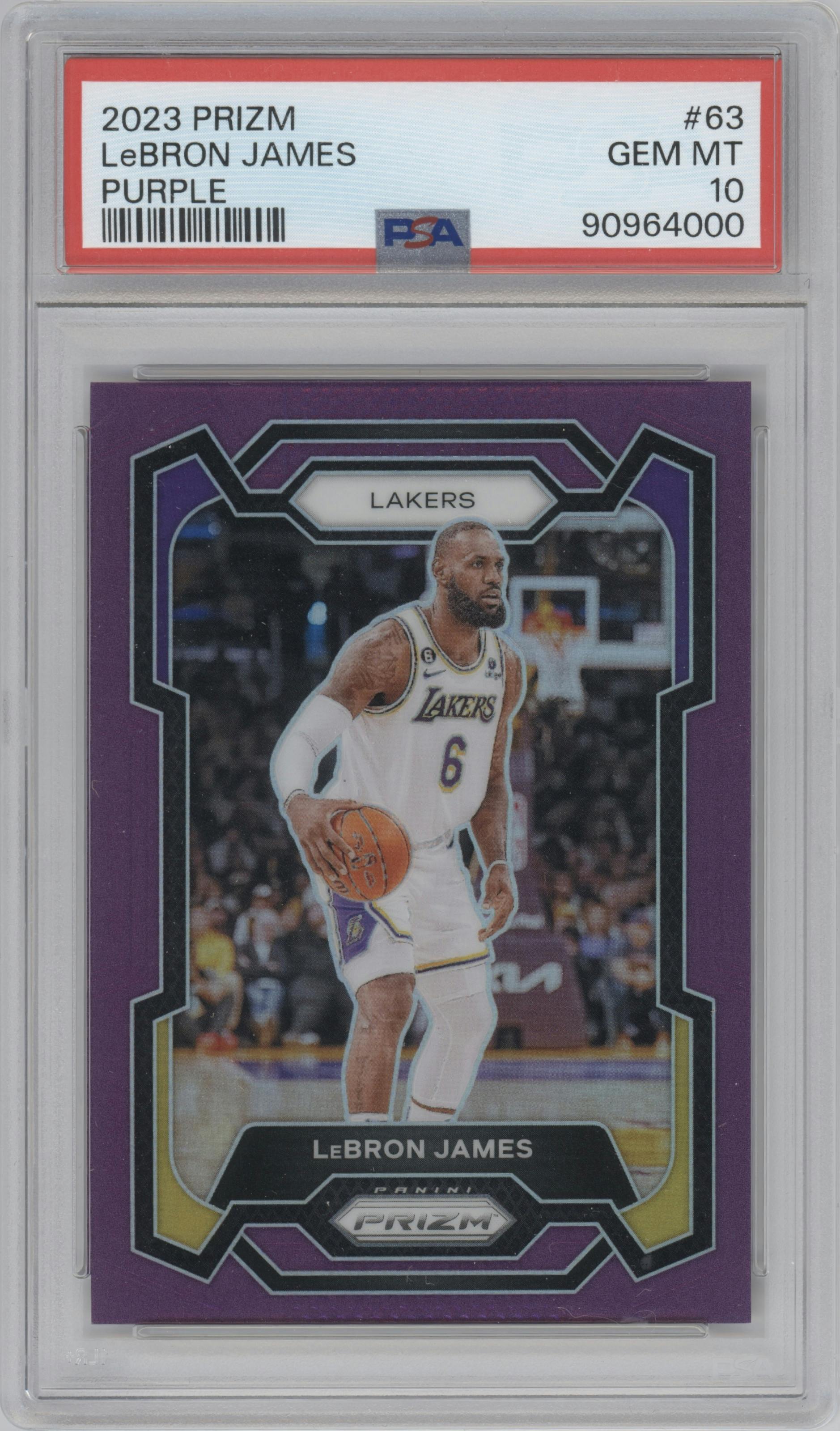 LeBron James from the 2023-24 Panini Prizm set featuring a Purple Prizm parallel graded by PSA and given an overall grade of 10.