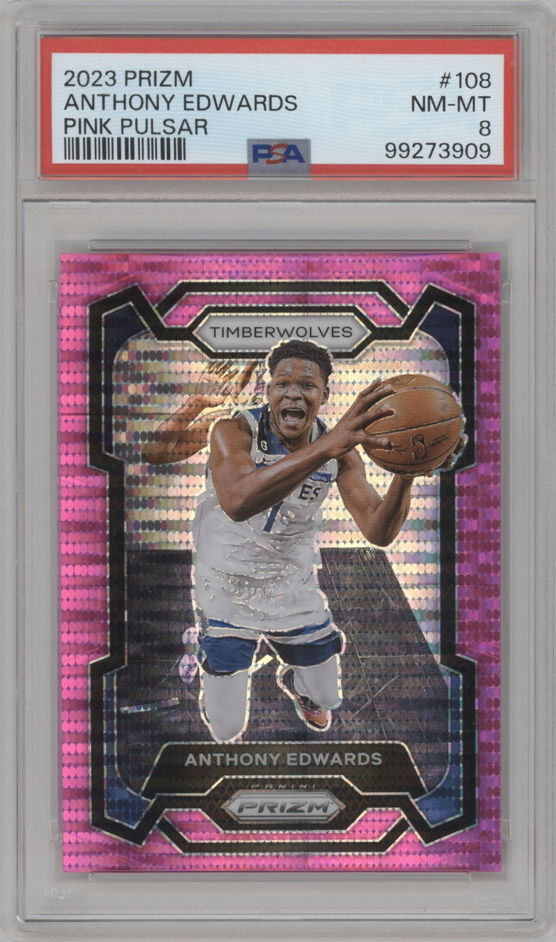 Anthony Edwards from the 2023-24 Panini Prizm set featuring a Pink Pulsar parallel graded by PSA and given an overall grade of 8.