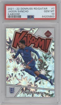 Jadon Sancho from the 2021-22 Panini Donruss Road to Qatar set graded by PSA and given an overall grade of 10.
